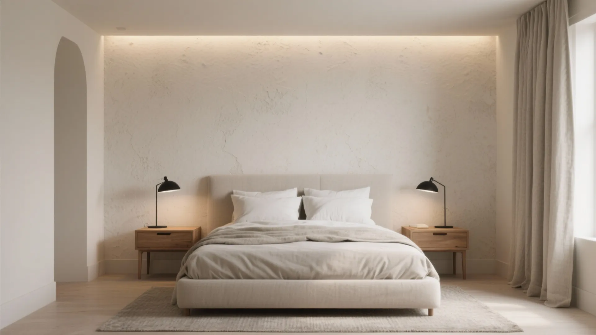 Minimalist beige bedroom with double bed, textured wall panel, wood bedside tables, and black lamps
