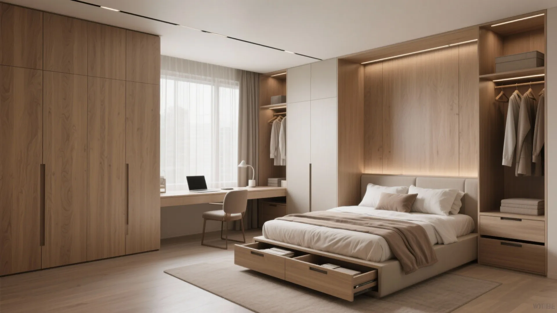 Master bedroom with floor-to-ceiling wardrobes and under-bed storage, including a compact desk nook.