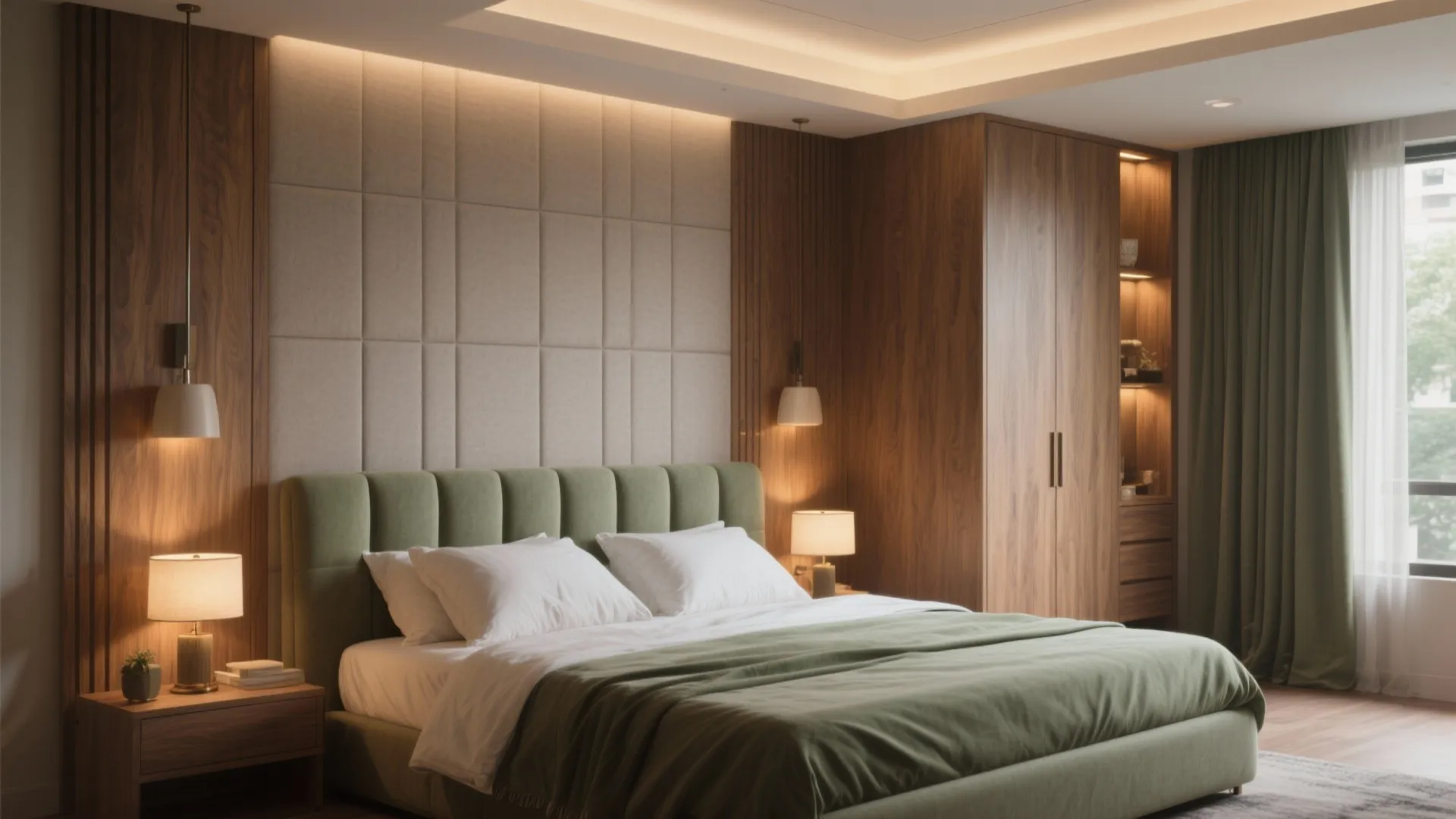 Elegant master bedroom featuring green bed wooden wall panel bedside table table lamp and dark curtains