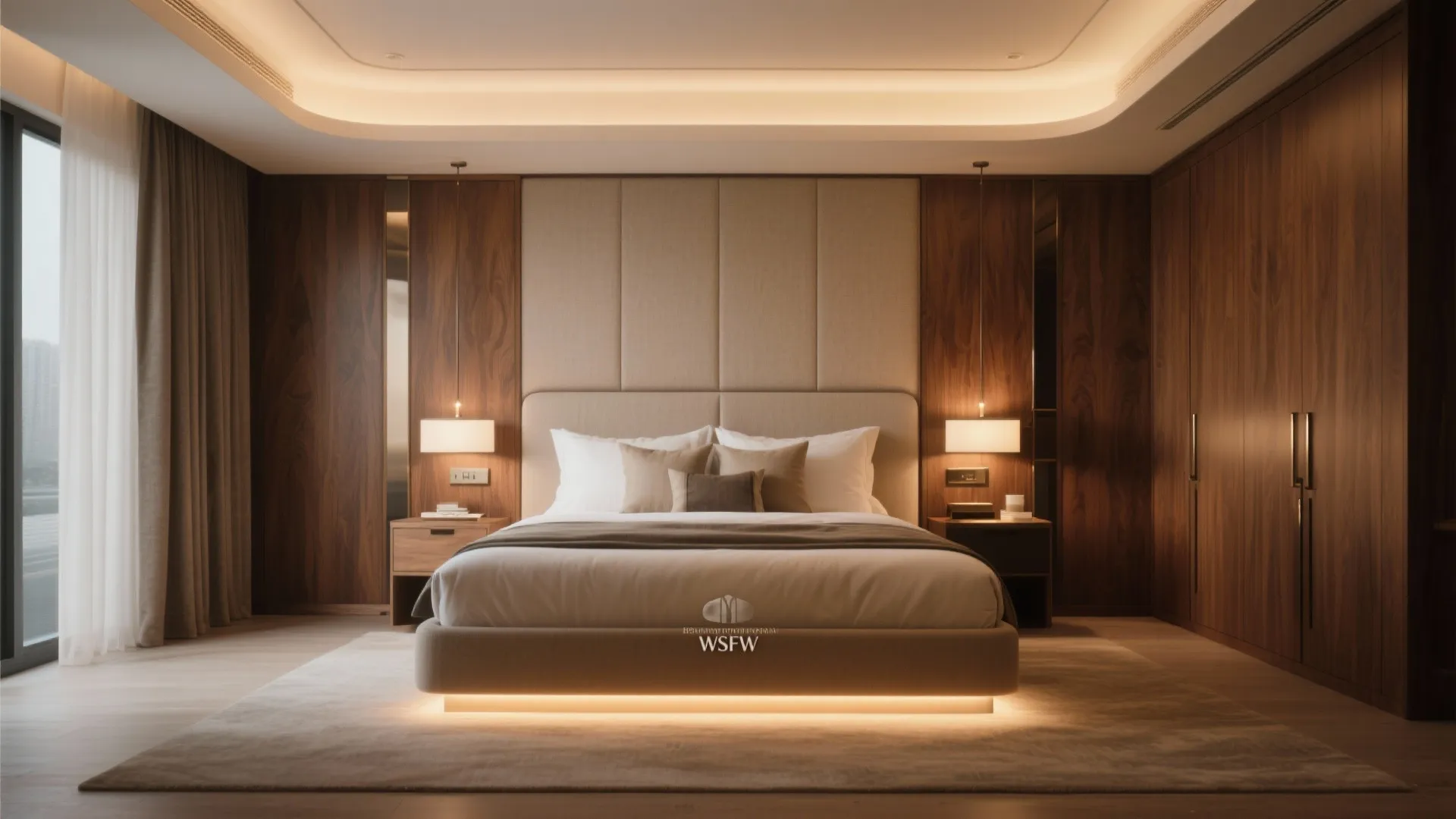 Master Suite with Layered Lighting and Warm Wood