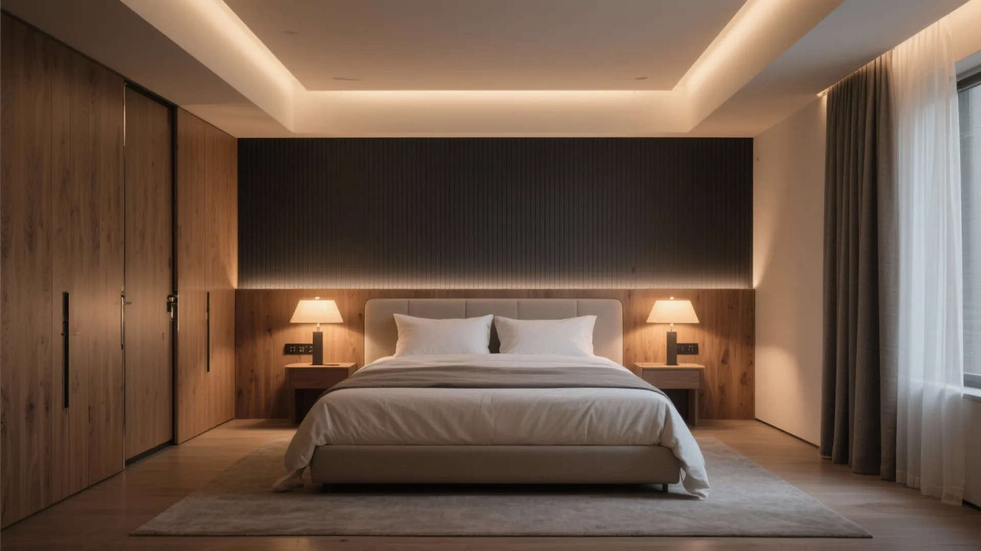 Calm master suite with warm wood and blackout layers