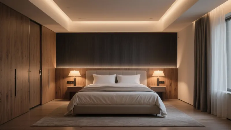 Modern Wood Accent Bedroom with Ambient Lighting