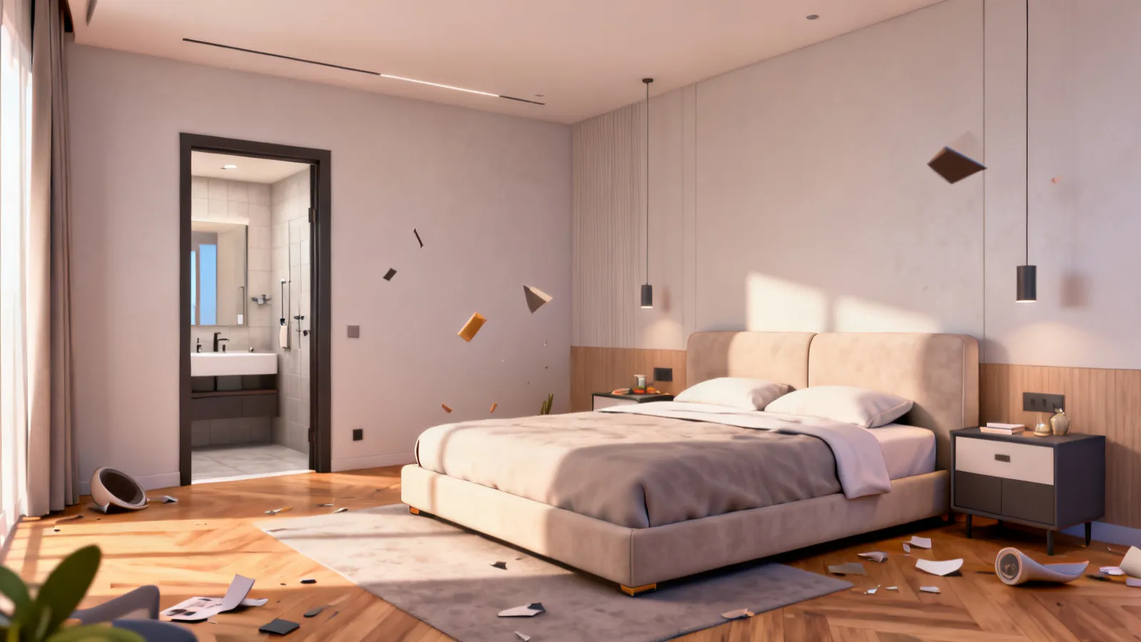 spacious master bedroom connected to ensuite bathroom entrance