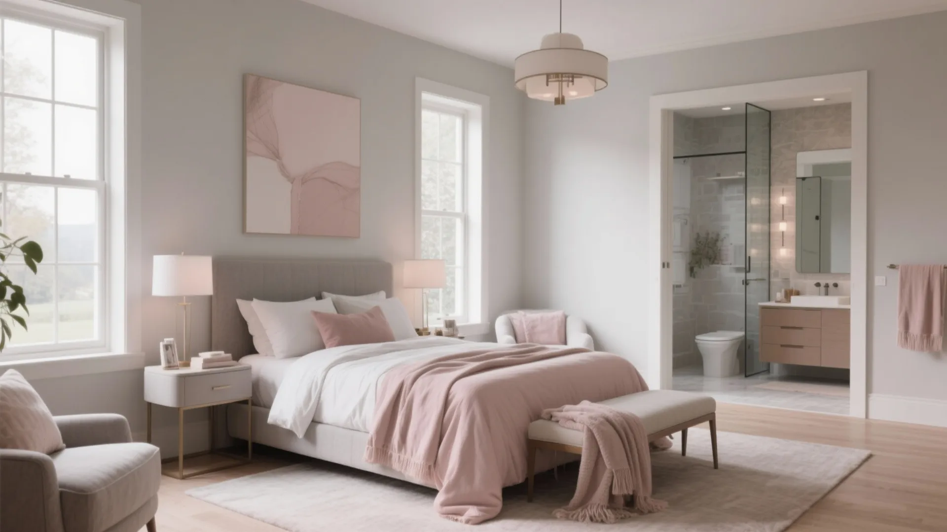 Modern master bedroom with pink bedding and pink wall art next to a private bathroom