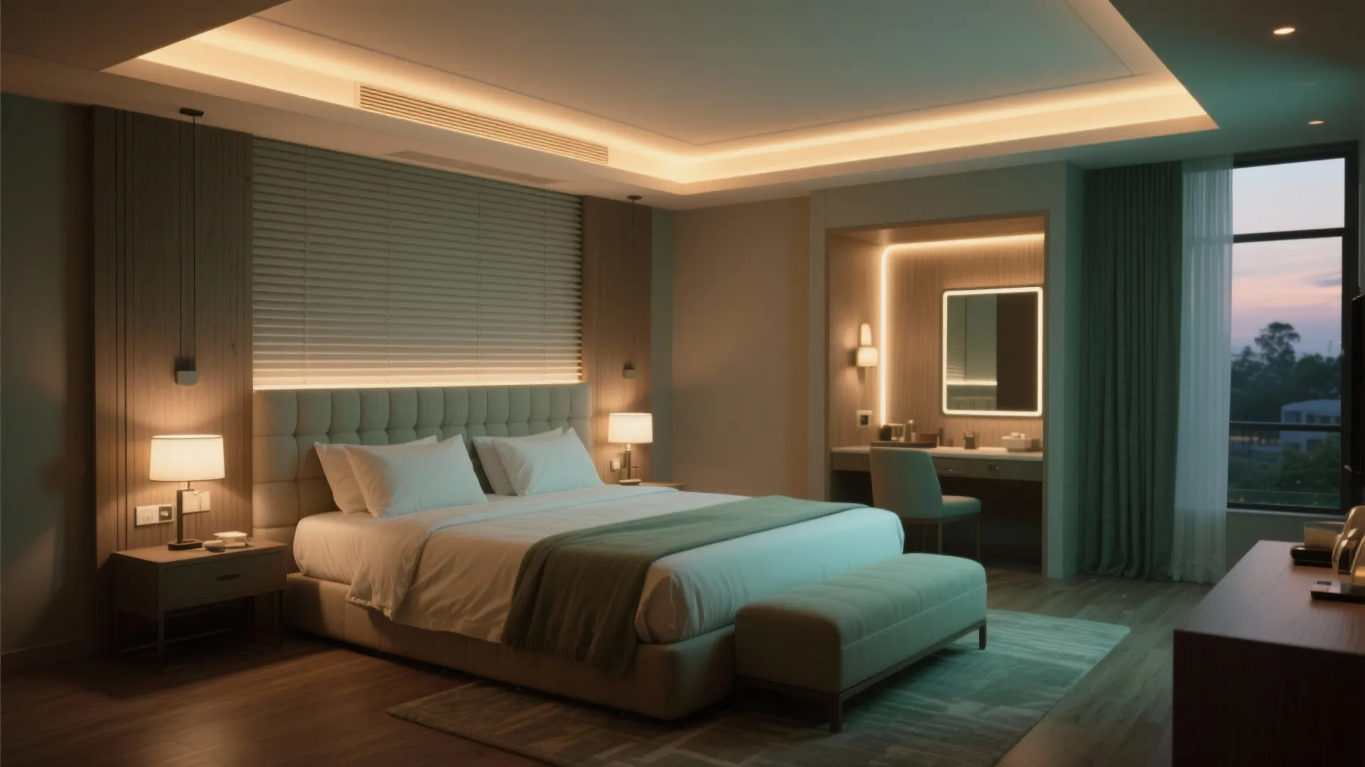 2) Hotel-style master suite with layered, human-centric lighting