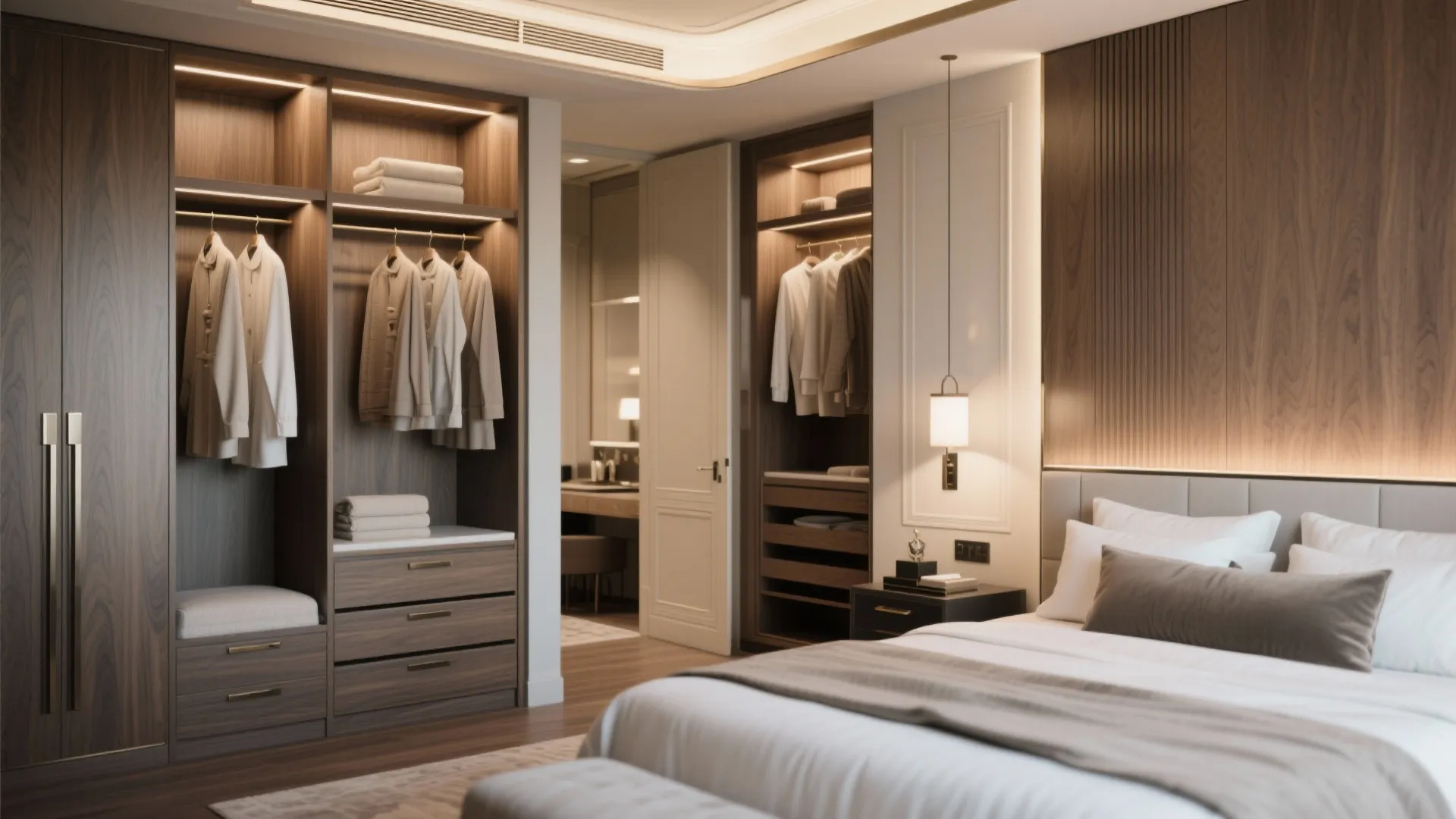 Master bedroom with an adjacent converted walk-in closet featuring organized shelving and soft lighting.