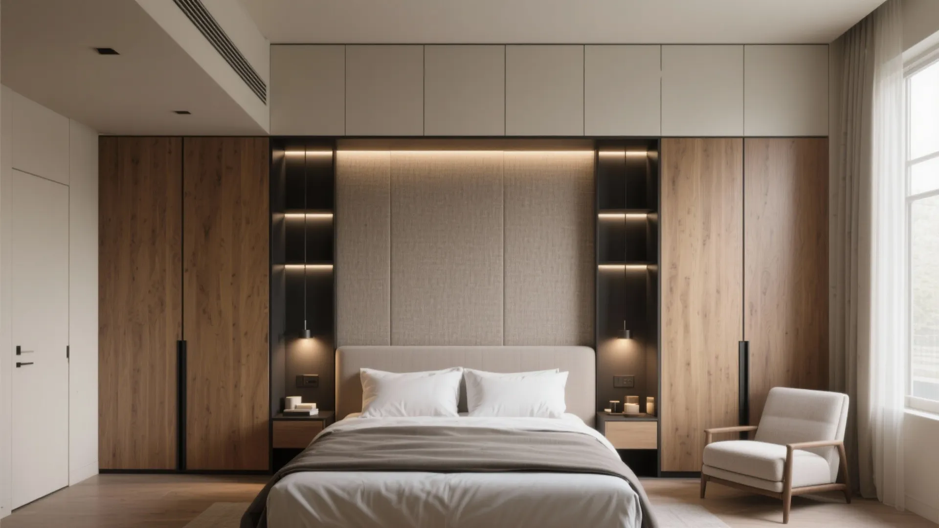 3) A storage wall in the master: sliding wardrobe + headboard niche