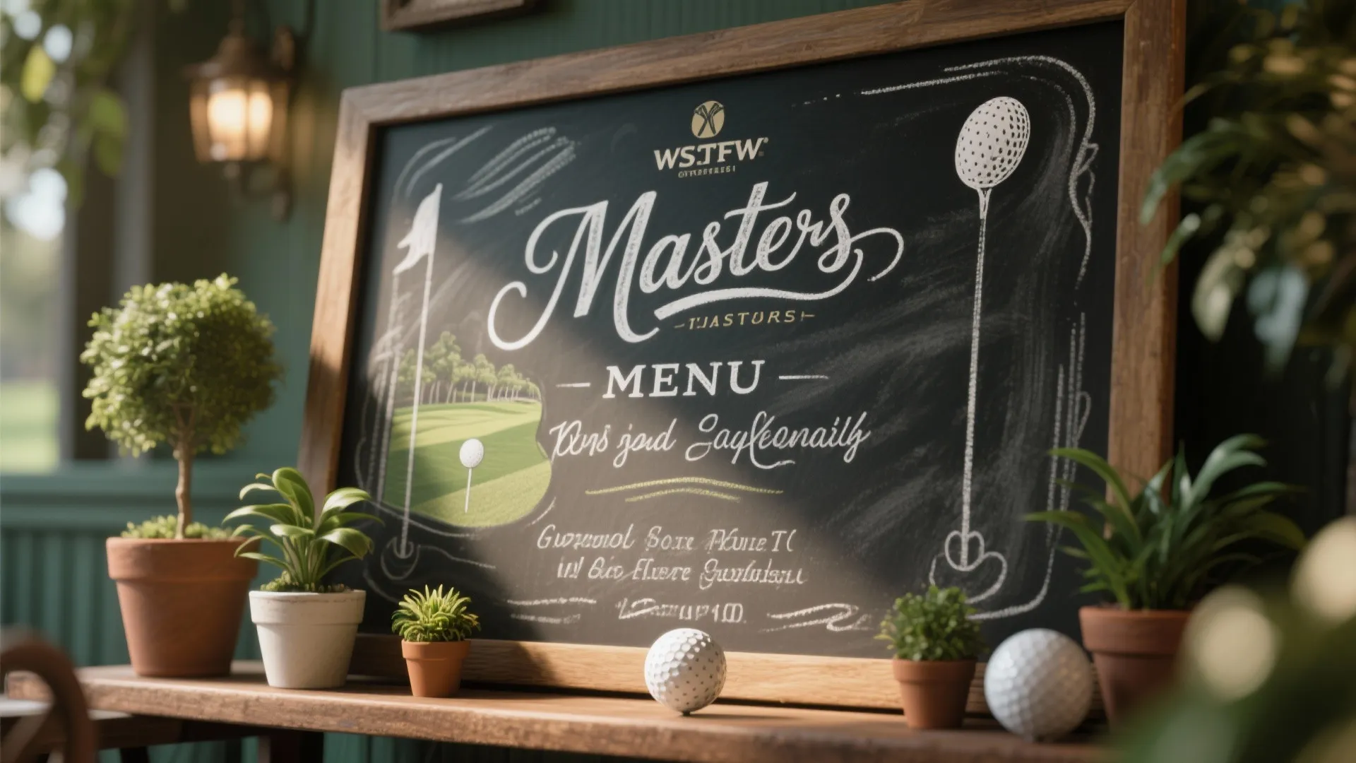 Masters-themed chalkboard menu with golf-inspired script