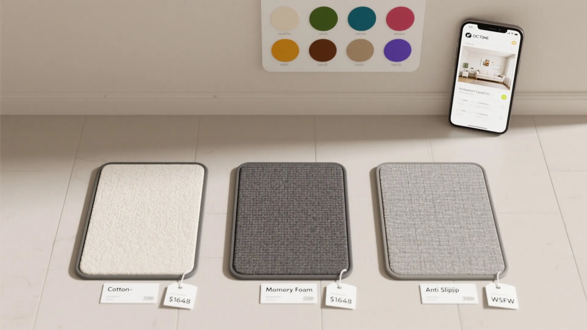 Top-down comparison of cotton, memory foam, and anti-slip mats with price cues and a room planner mockup.