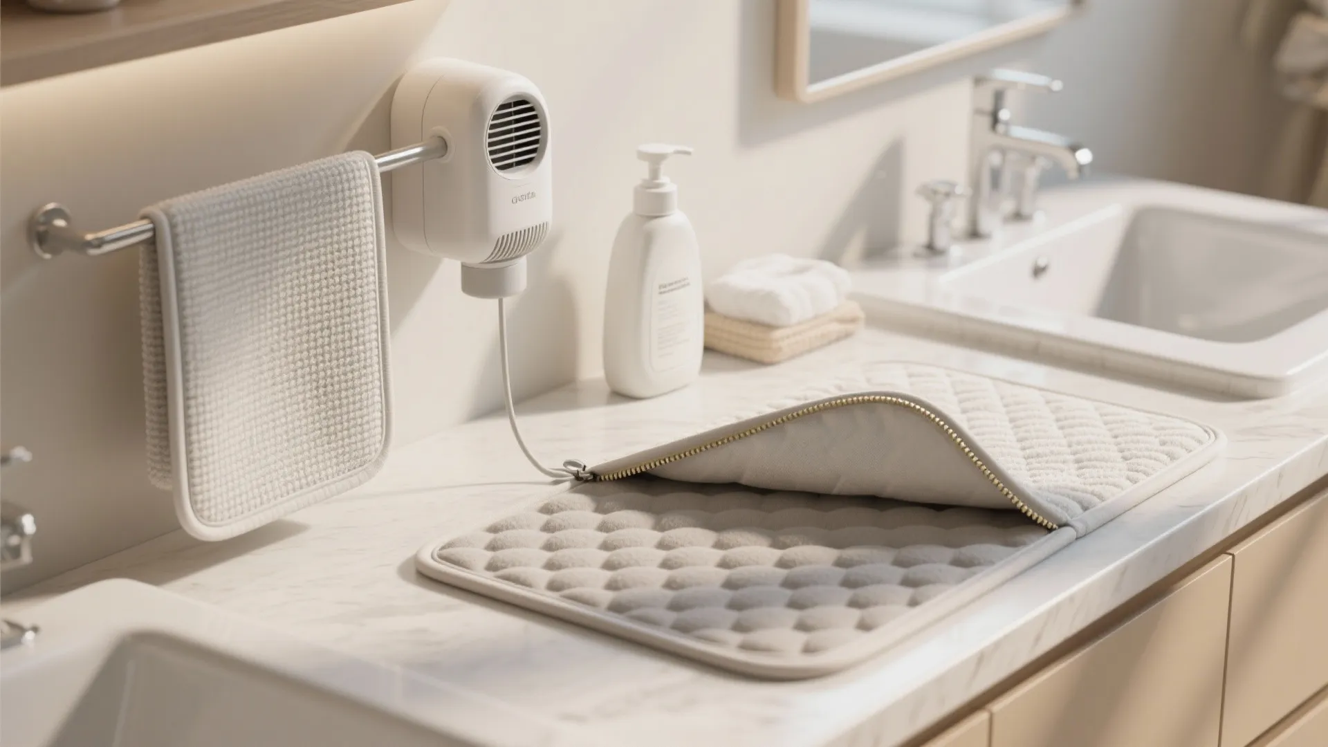 Care items for bathroom mats: lifted breathable mat, dehumidifier, detergent, and removable memory foam cover.
