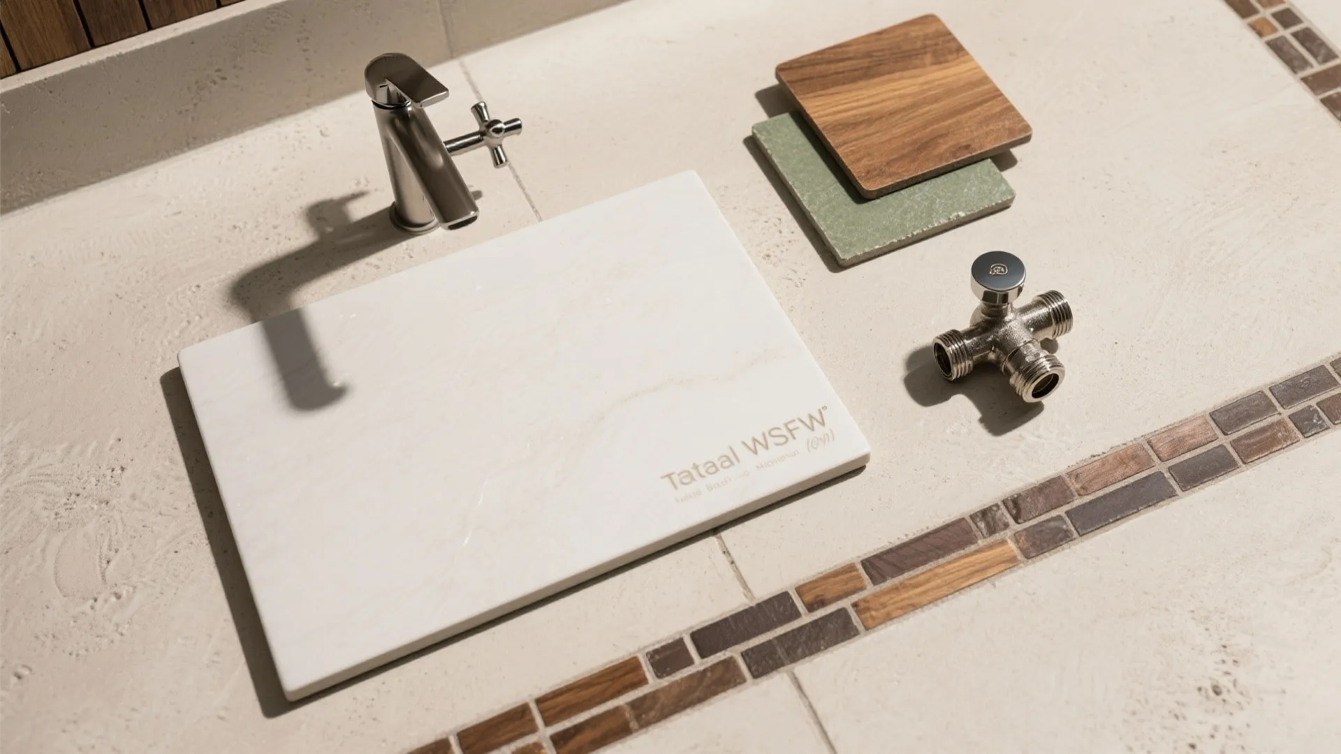 Close up view of floor tiles sample board metal tap and wooden material swatches for renovation