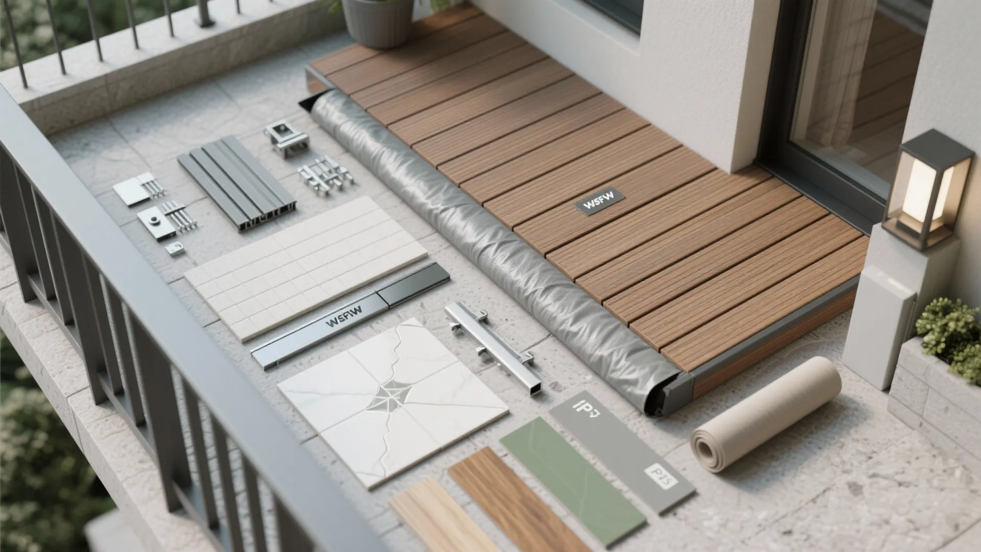 Top view of balcony flooring materials including wood deck tiles white tiles and green floor samples