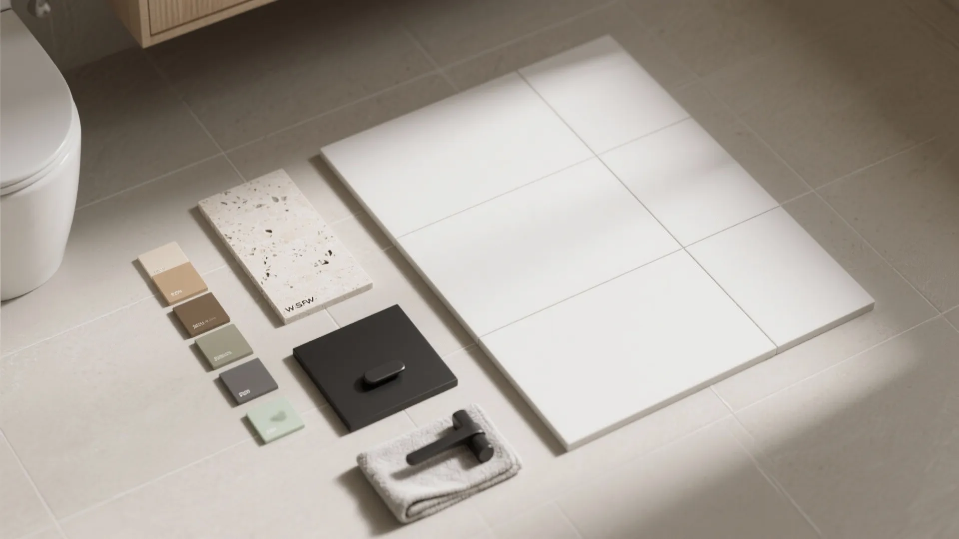 Bathroom interior design samples including white floor tiles, color swatches, stone piece, and black fixtures