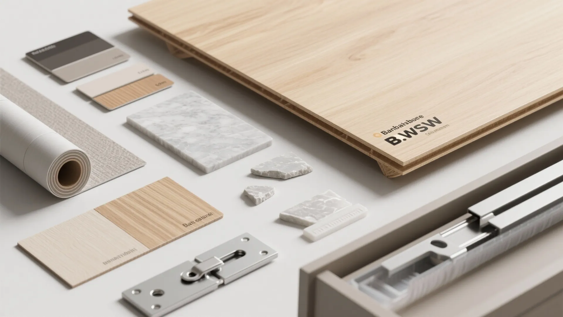 Interior design material samples including wood flooring, marble pieces, fabric rolls, and metal cabinet hardware