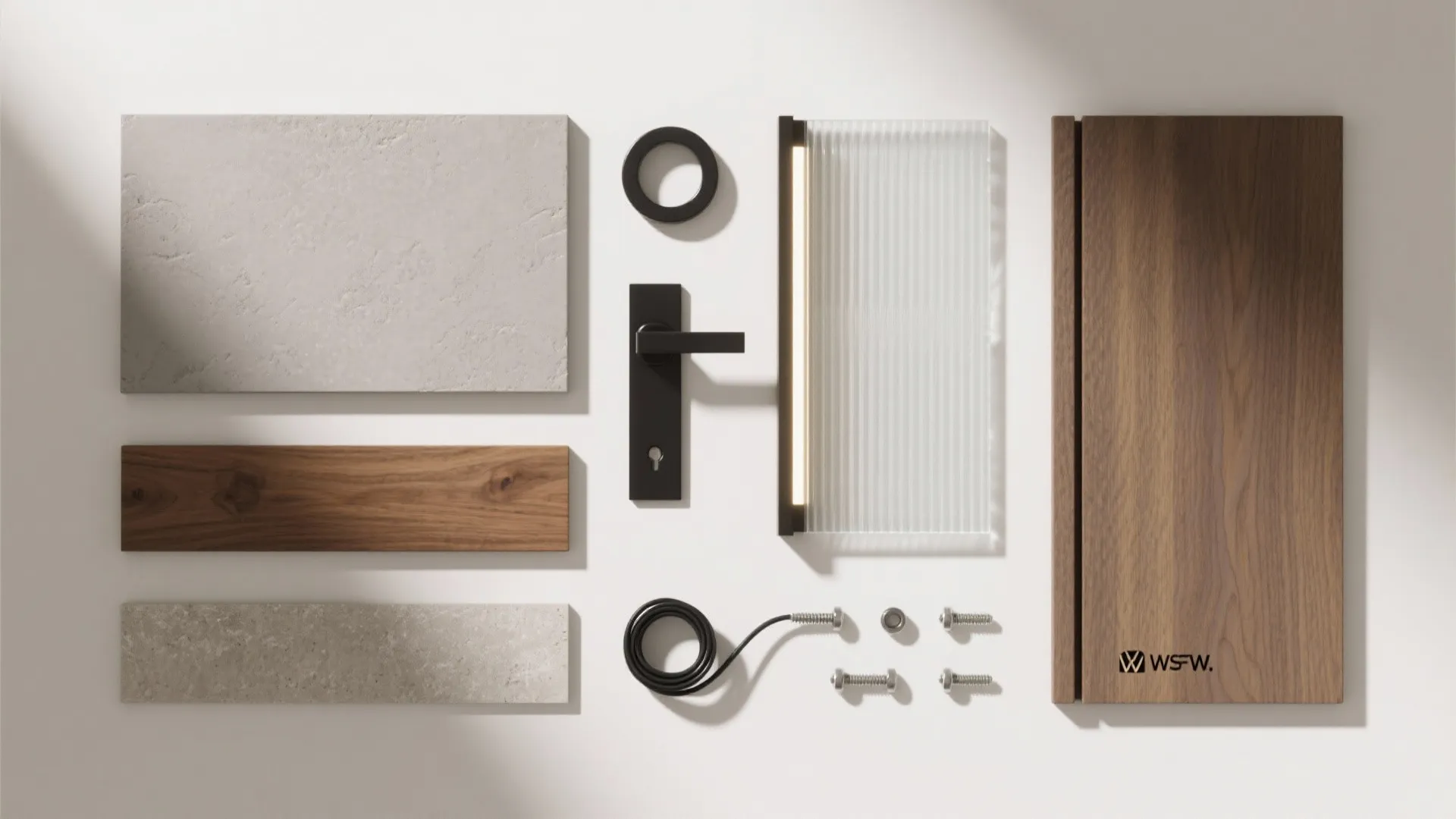 Interior design material board with stone tiles wood samples black door handle and ribbed glass