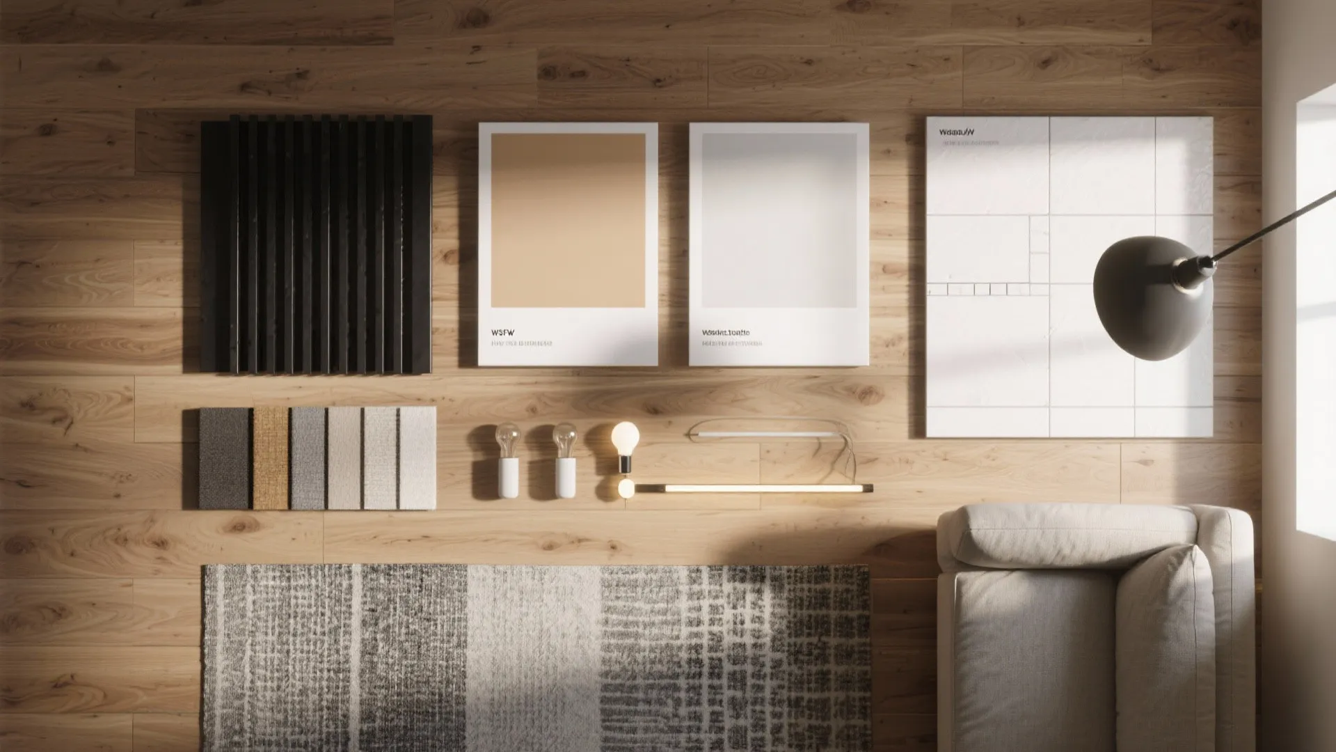 Material warmth and layered lighting to tie both floors