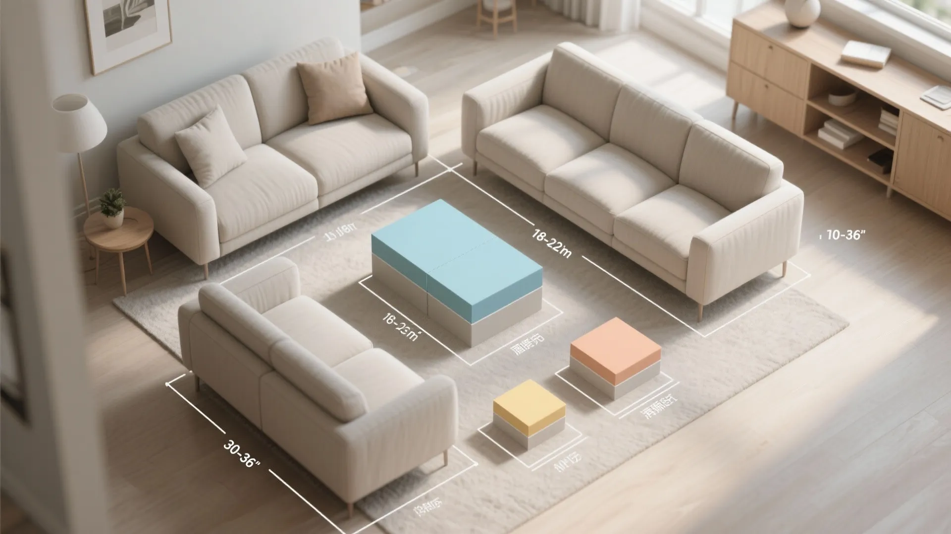 Top-down layout using scaled shapes to show seat heights, depths, and clear circulation in a small living room.