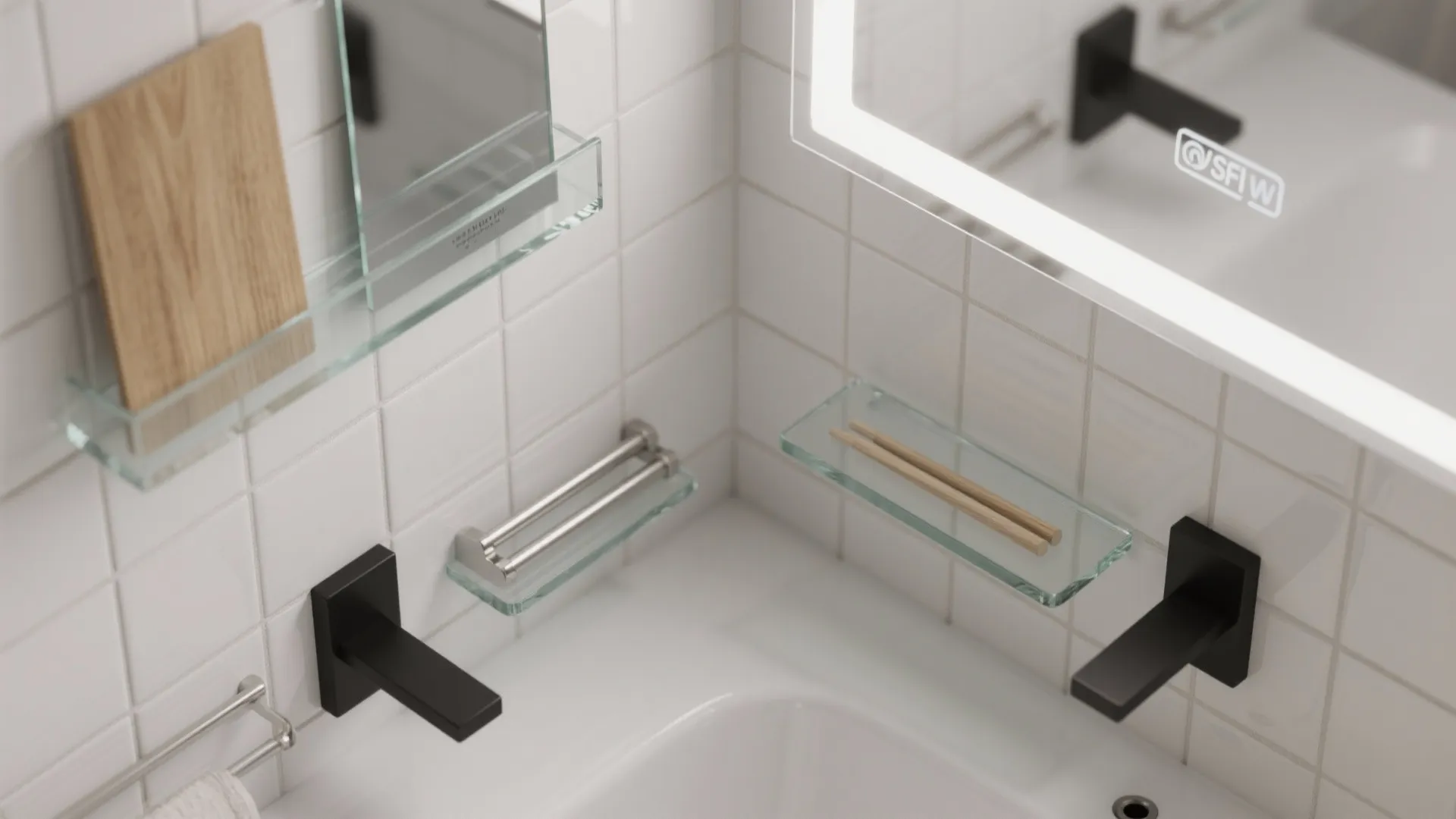 Flat lay of small bathroom finishes and parts: white tile, oak veneer, mirror glass, LED diffuser, and hardware.