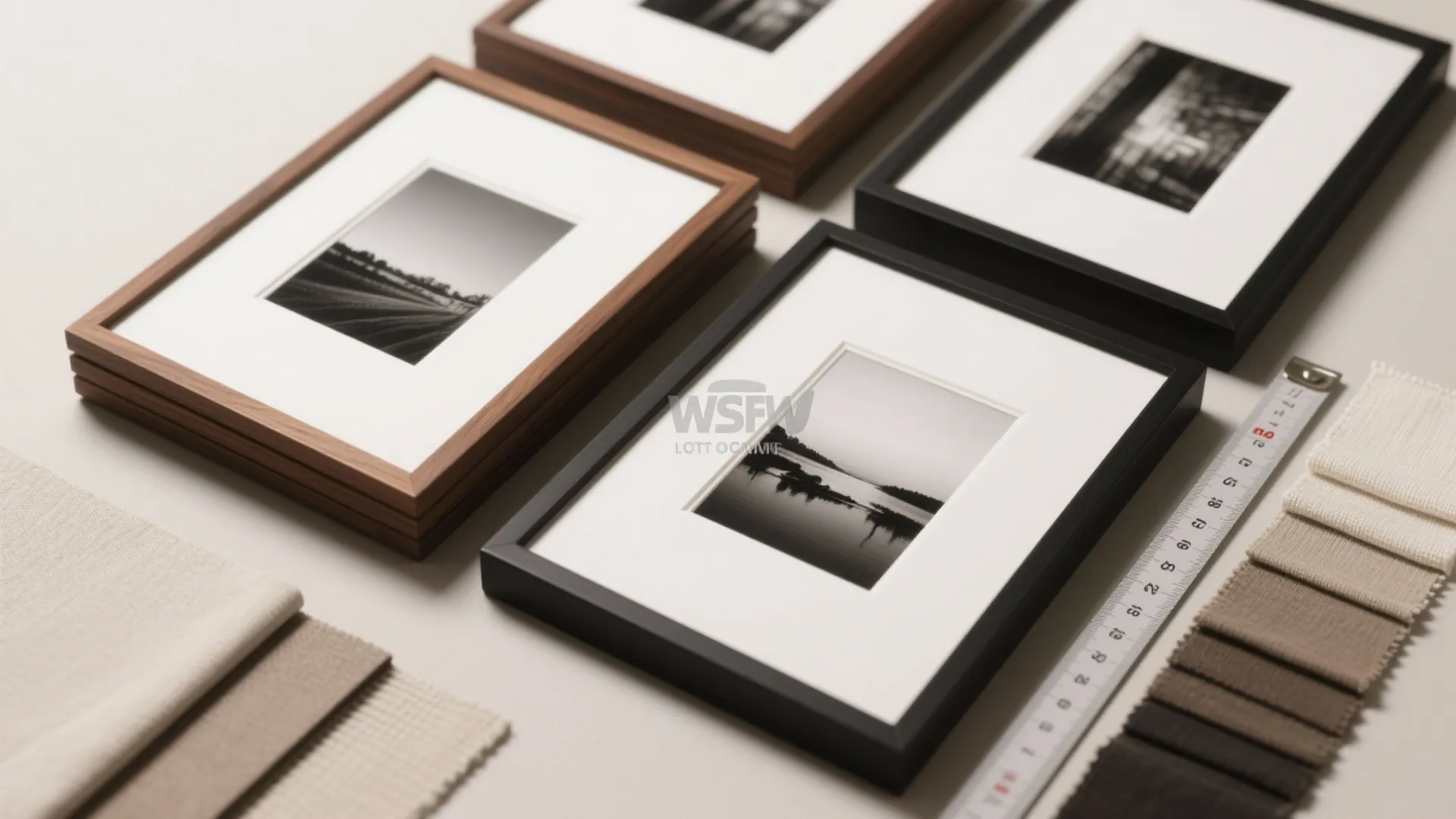 Black and wooden picture frames with white mats placed beside fabric samples and metal ruler
