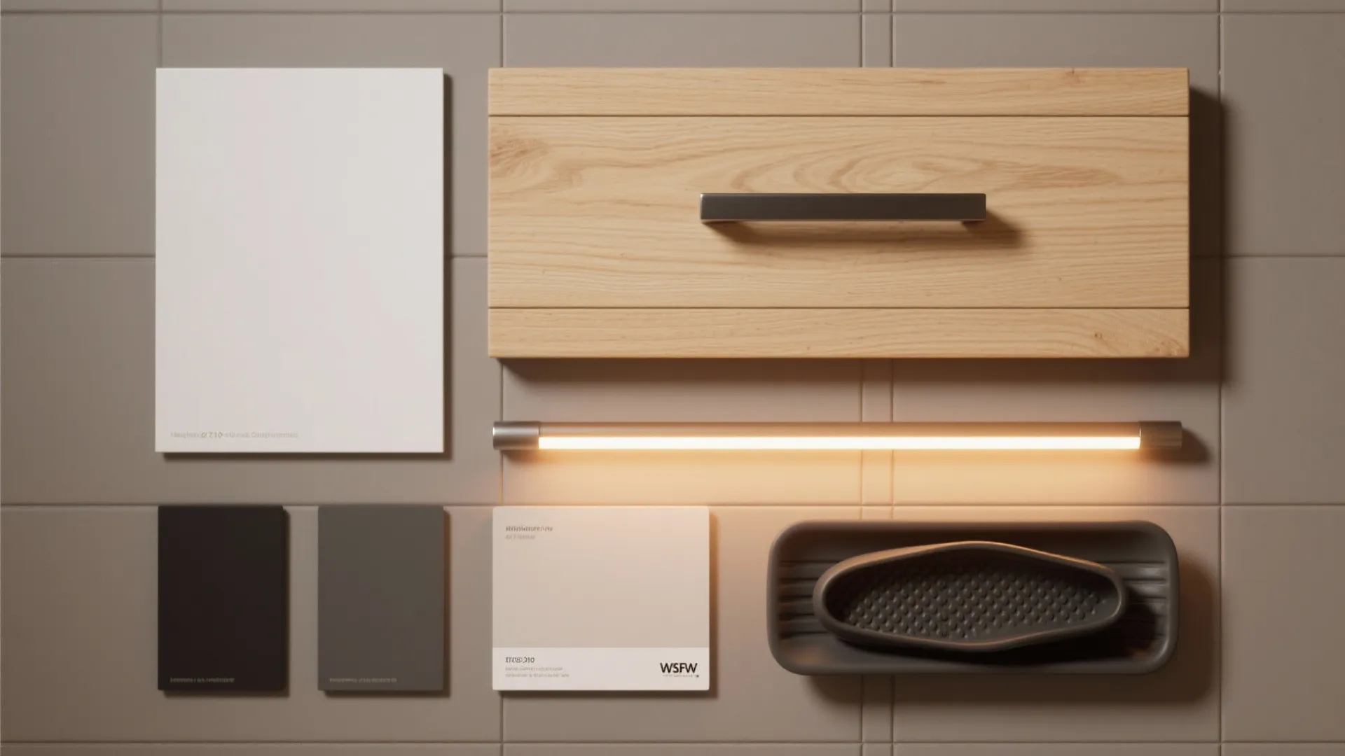 Selection of home materials including wood panel light fixture color samples and dark storage tray items