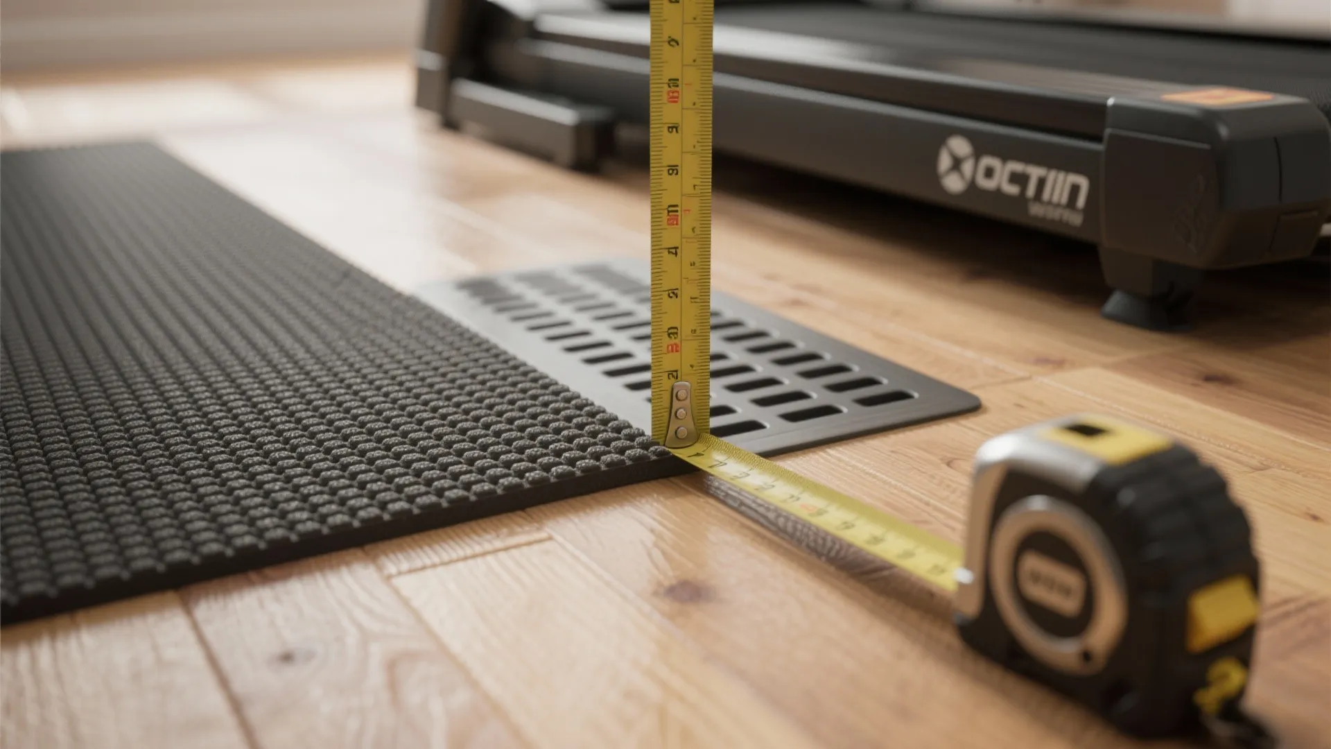 Measuring tape and dense rubber mat on a wood floor illustrating treadmill clearance and protection.