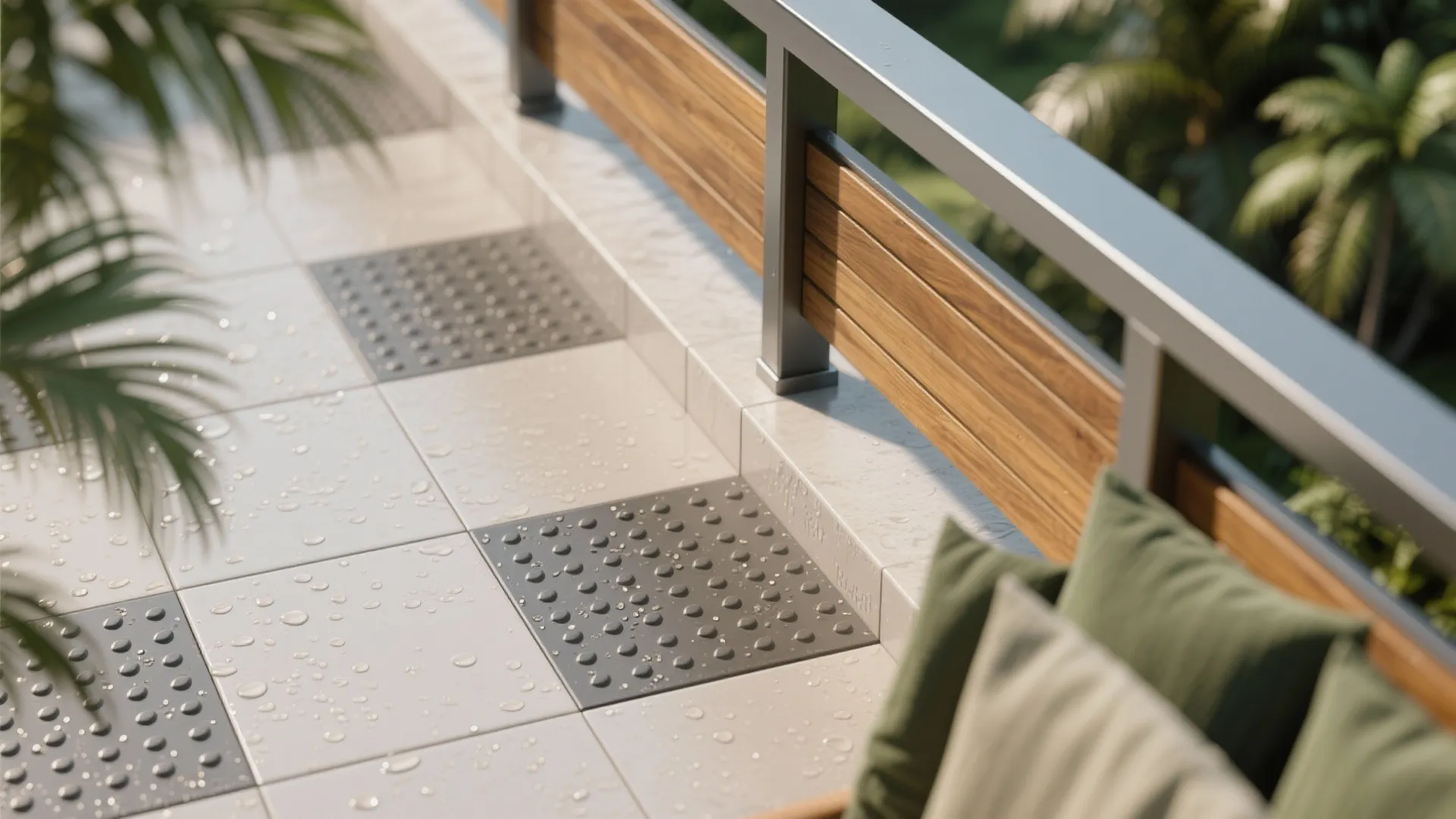 Wet balcony floor tiles with non slip texture metal railing wooden panels and green outdoor cushions