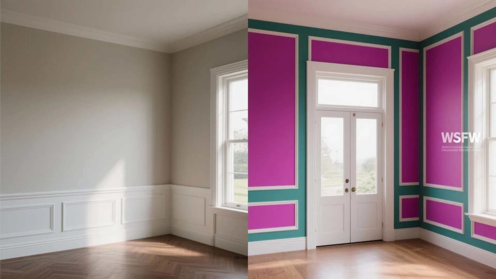 Side by side comparison of simple white wall panels and colorful pink and green walls