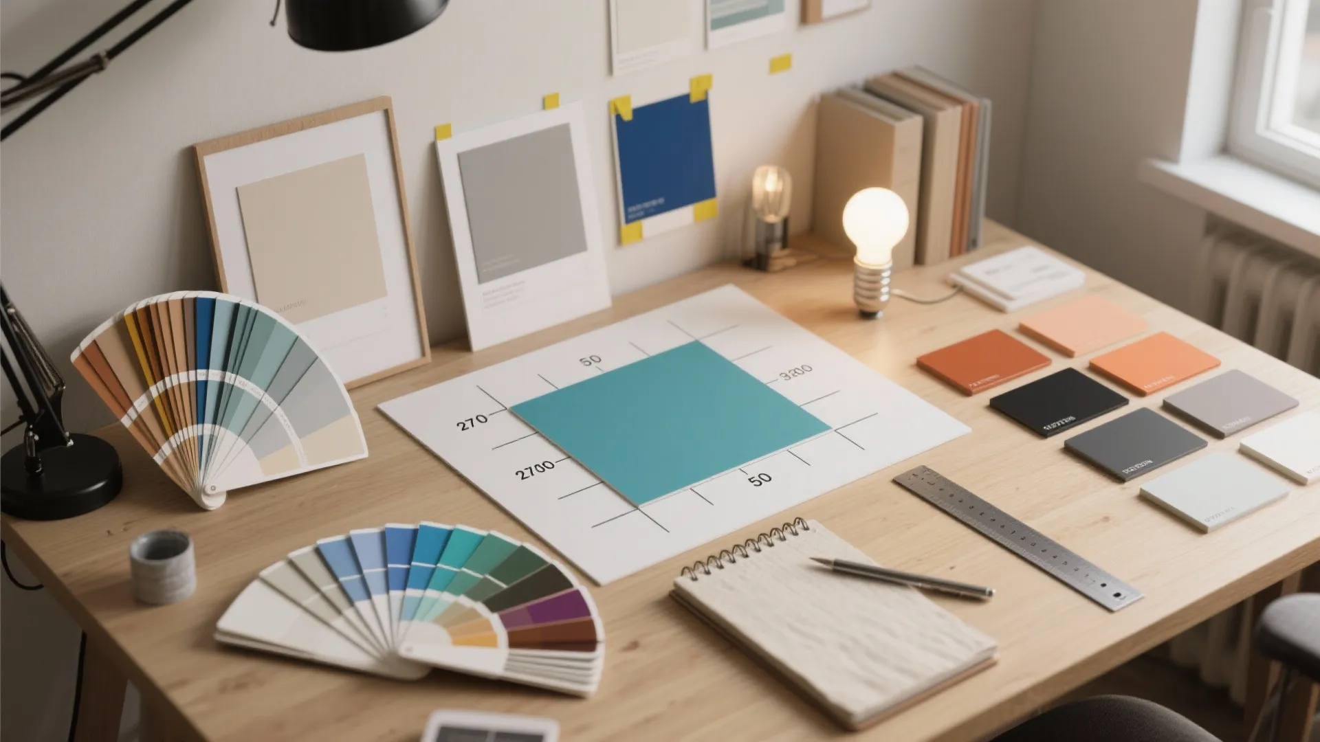 Top-down view of a design desk with color fan deck, paint chips, LED bulbs, and taped sample boards for matching.