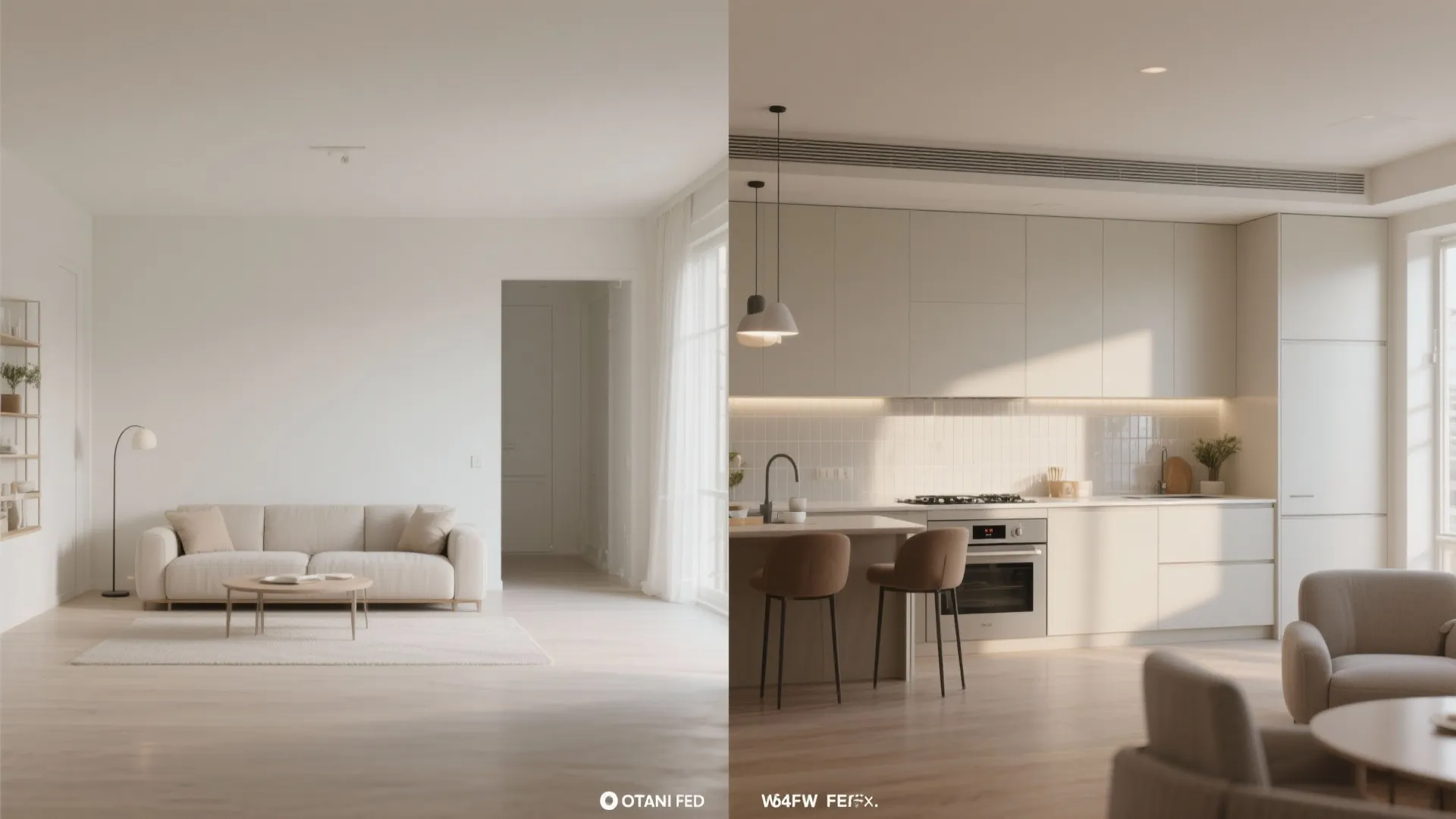 Comparison of a minimalist living room with sofa and a modern white kitchen with island