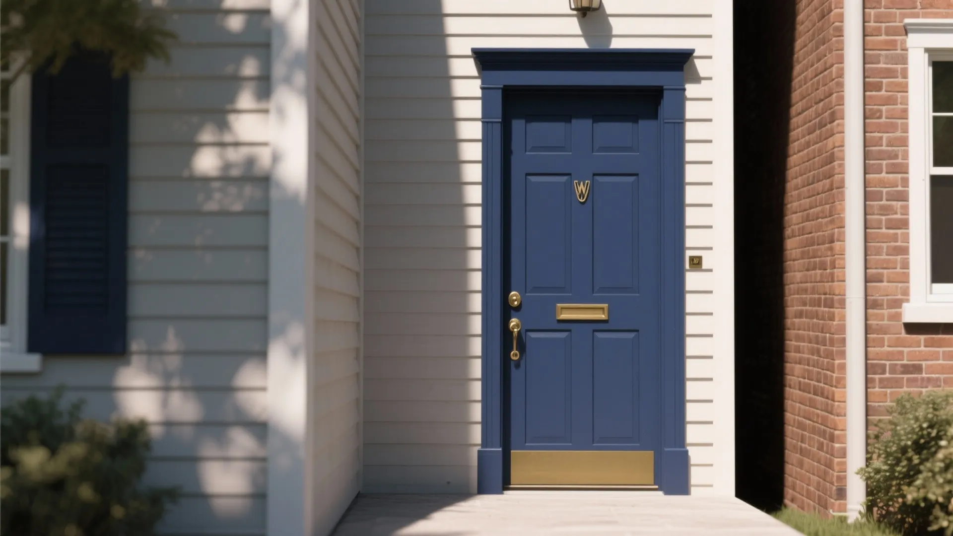 Blue front door with gold hardware and white wall siding on a modern home exterior