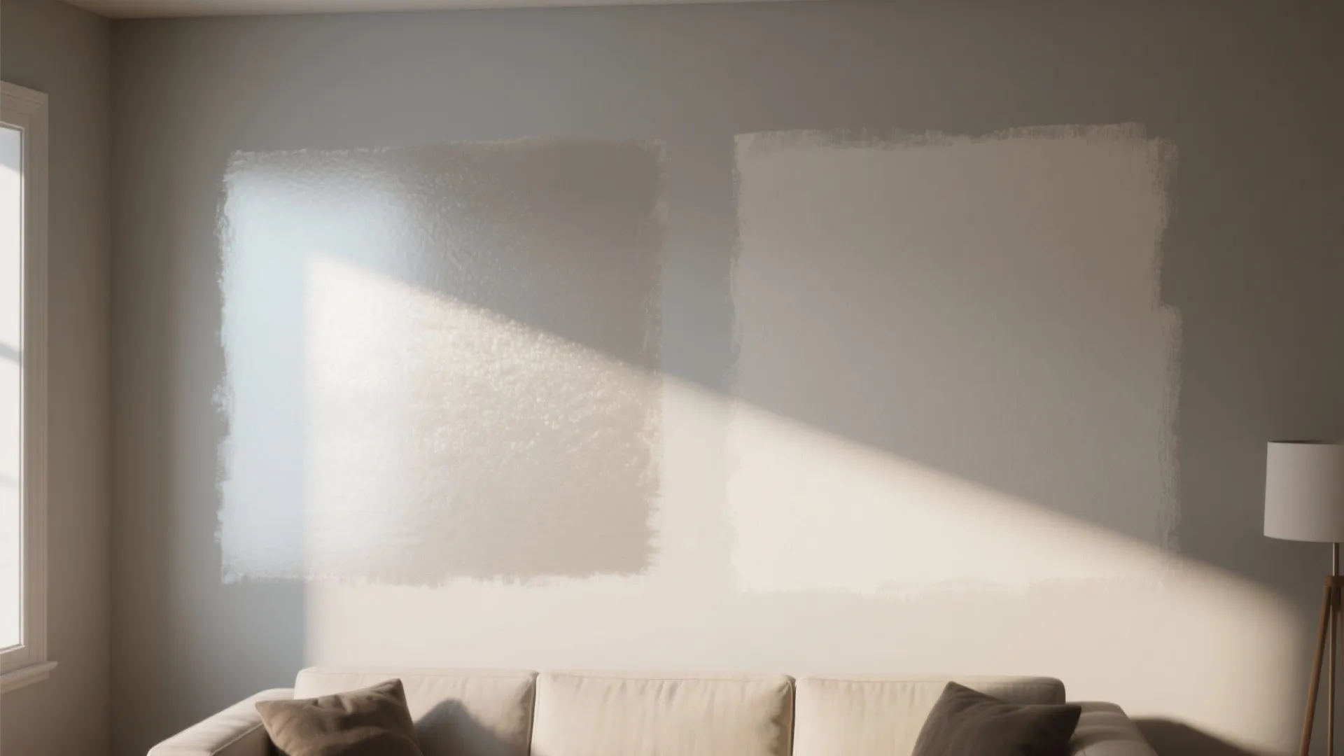 Side-by-side wall patches showing a satin patch with reflections and an eggshell patch under soft daylight