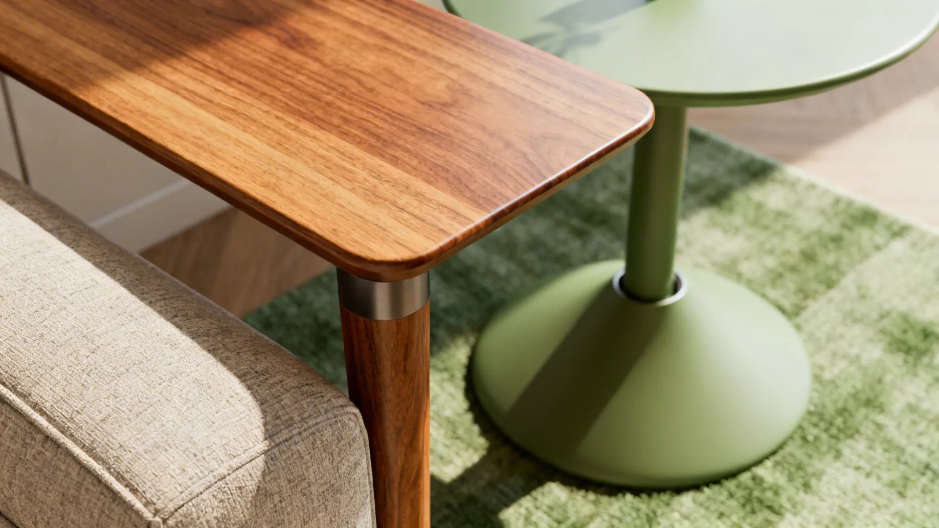 Close-up of two end tables showing coordinated finishes with sofa and rug.