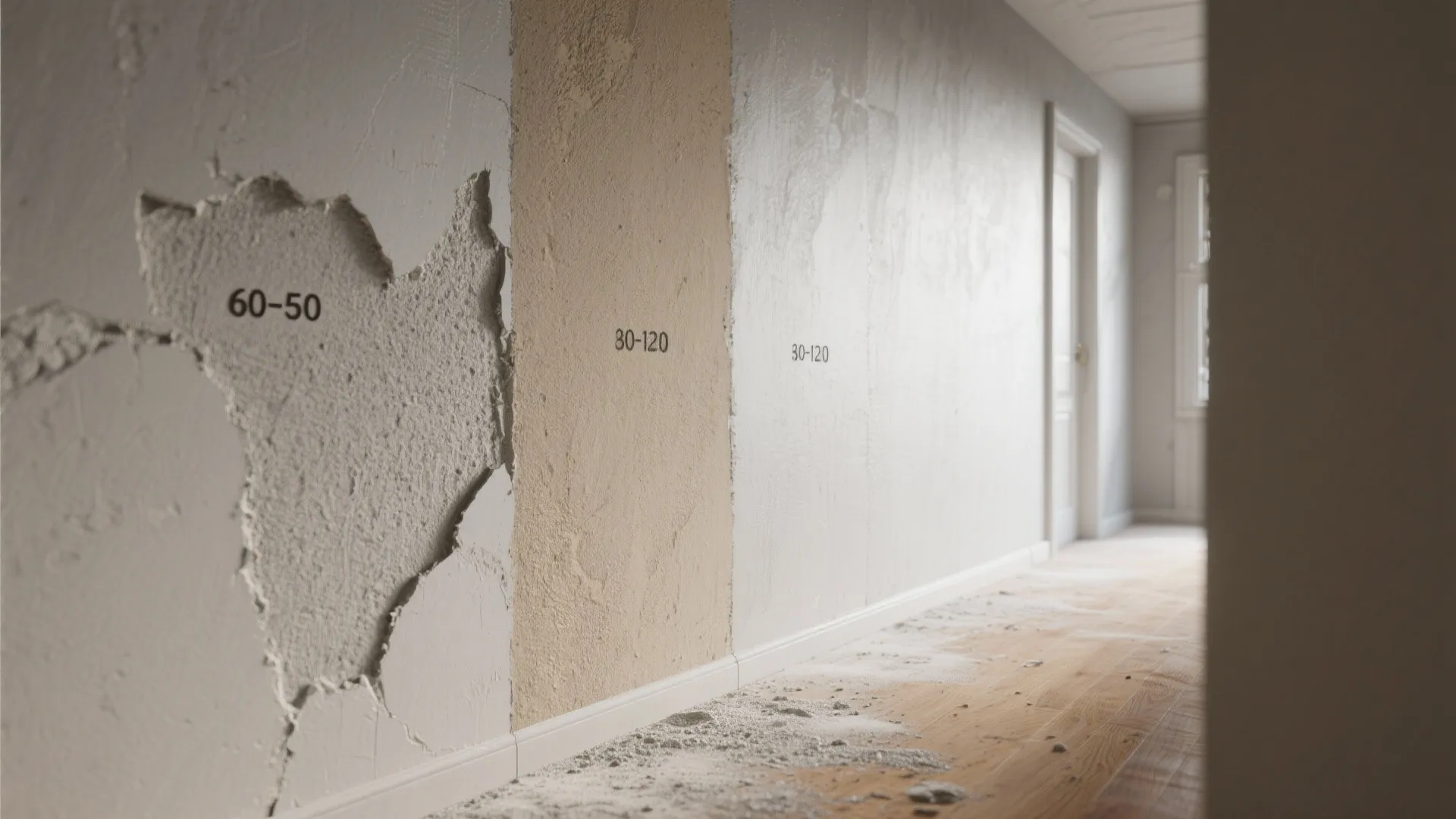 Indoor wall showing different sanding grit levels and surface textures during a home renovation project