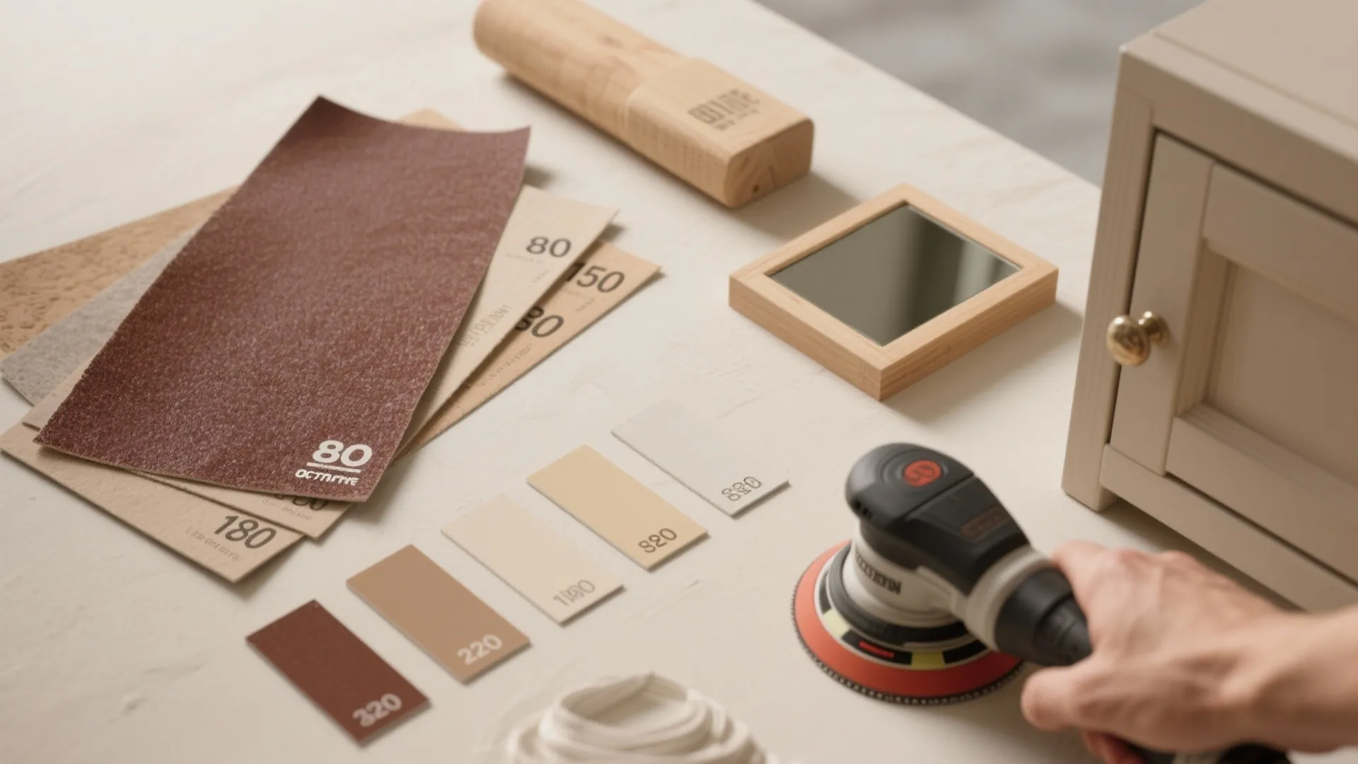 Various sandpaper sheets with grit numbers and an electric sander on a white wooden table