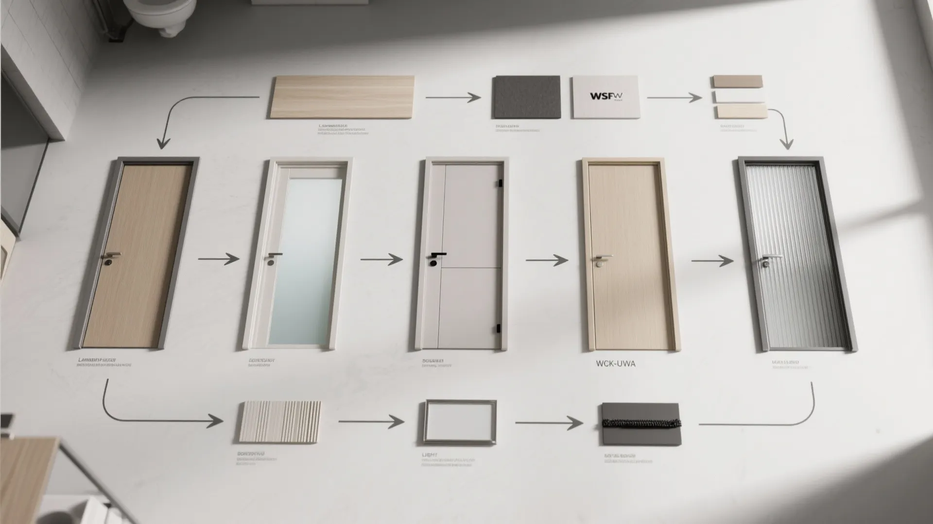 Diagram showing five different indoor door designs and material samples connected by black arrows layout