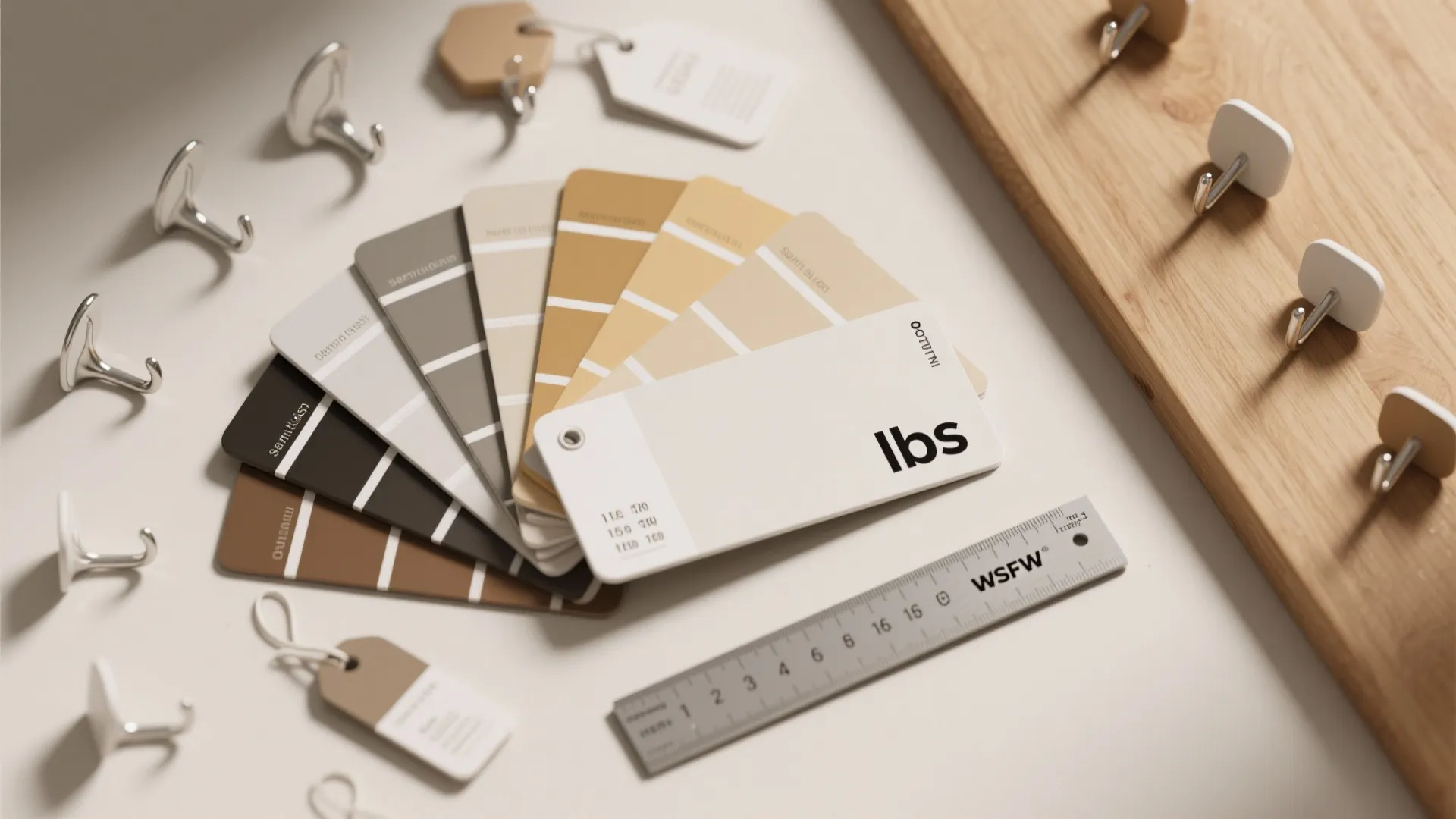 Earth tone color paint samples fanned out on table with metal hooks and wooden ruler