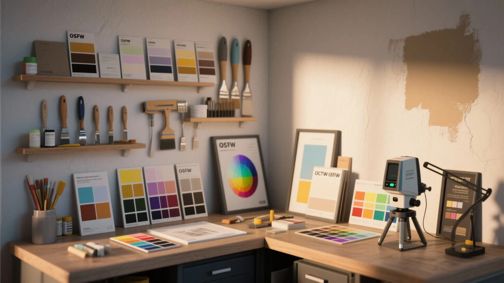 Artist studio desk with paint color samples wall brushes and light fixture showing room painting preparation