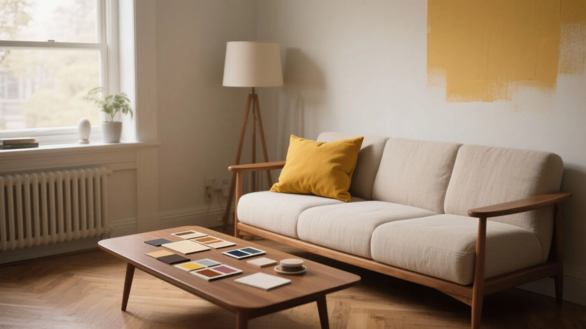 Modern living room with a beige sofa yellow pillow floor lamp and paint color swatches