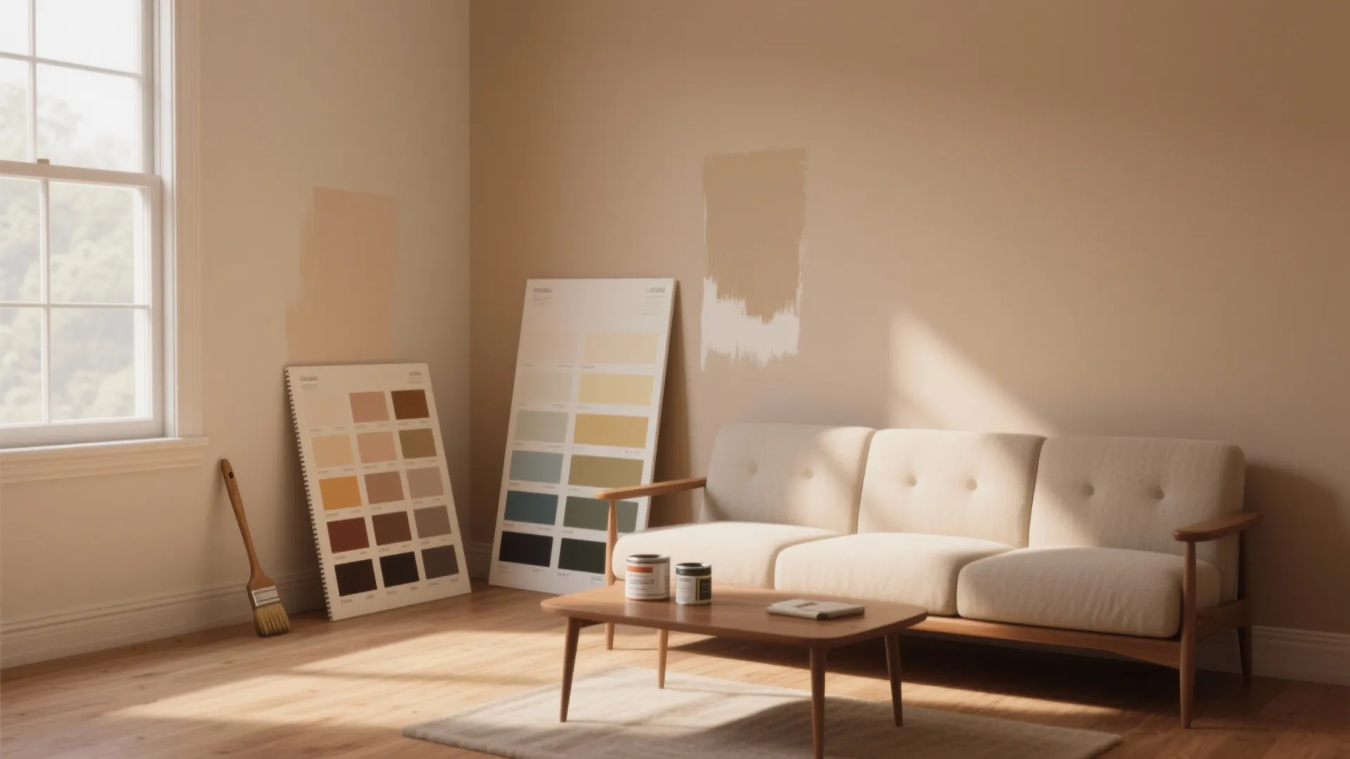 Modern living room with beige sofa wooden coffee table and large color boards against wall