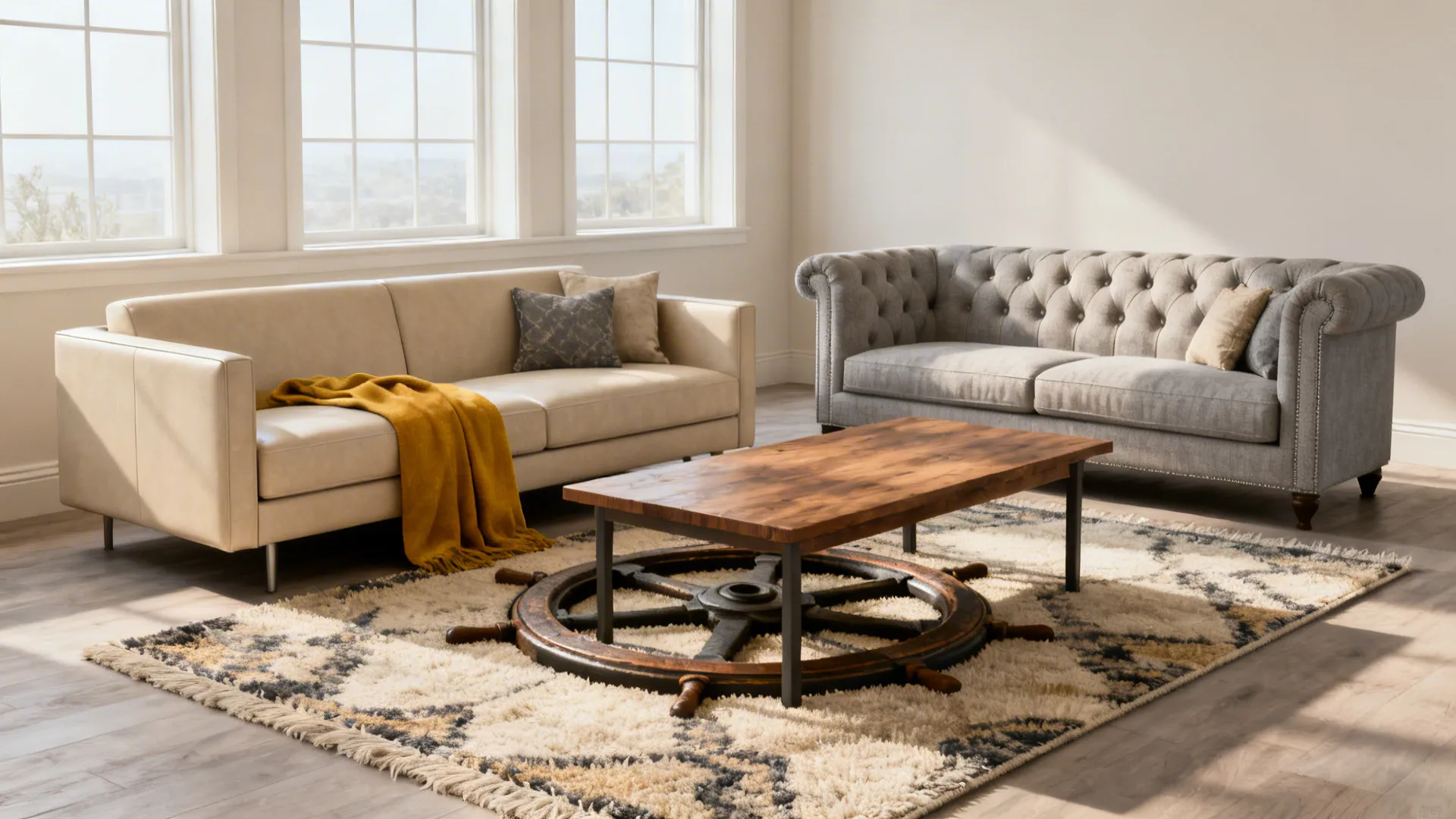 Two sofas with matched seat heights but different silhouettes bridged by a single throw on a neutral rug.