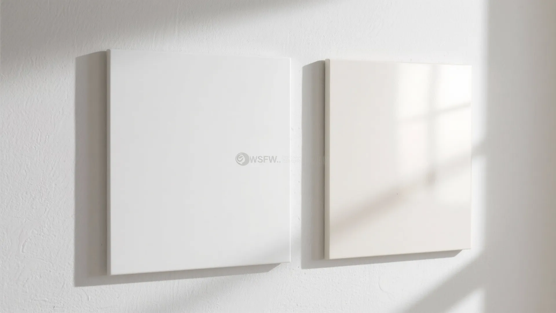 Side-by-side wall panels showing the difference between flat and satin sheen on white paint.