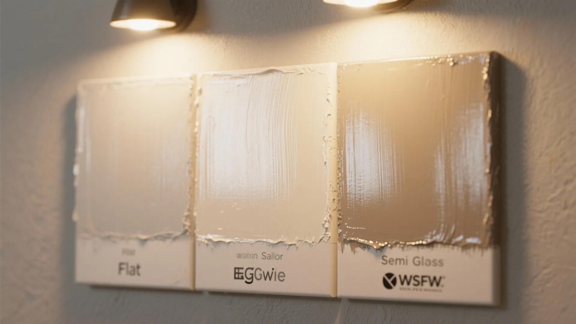 Three paint samples on a wall showing flat eggshell and semi gloss finishes under warm light