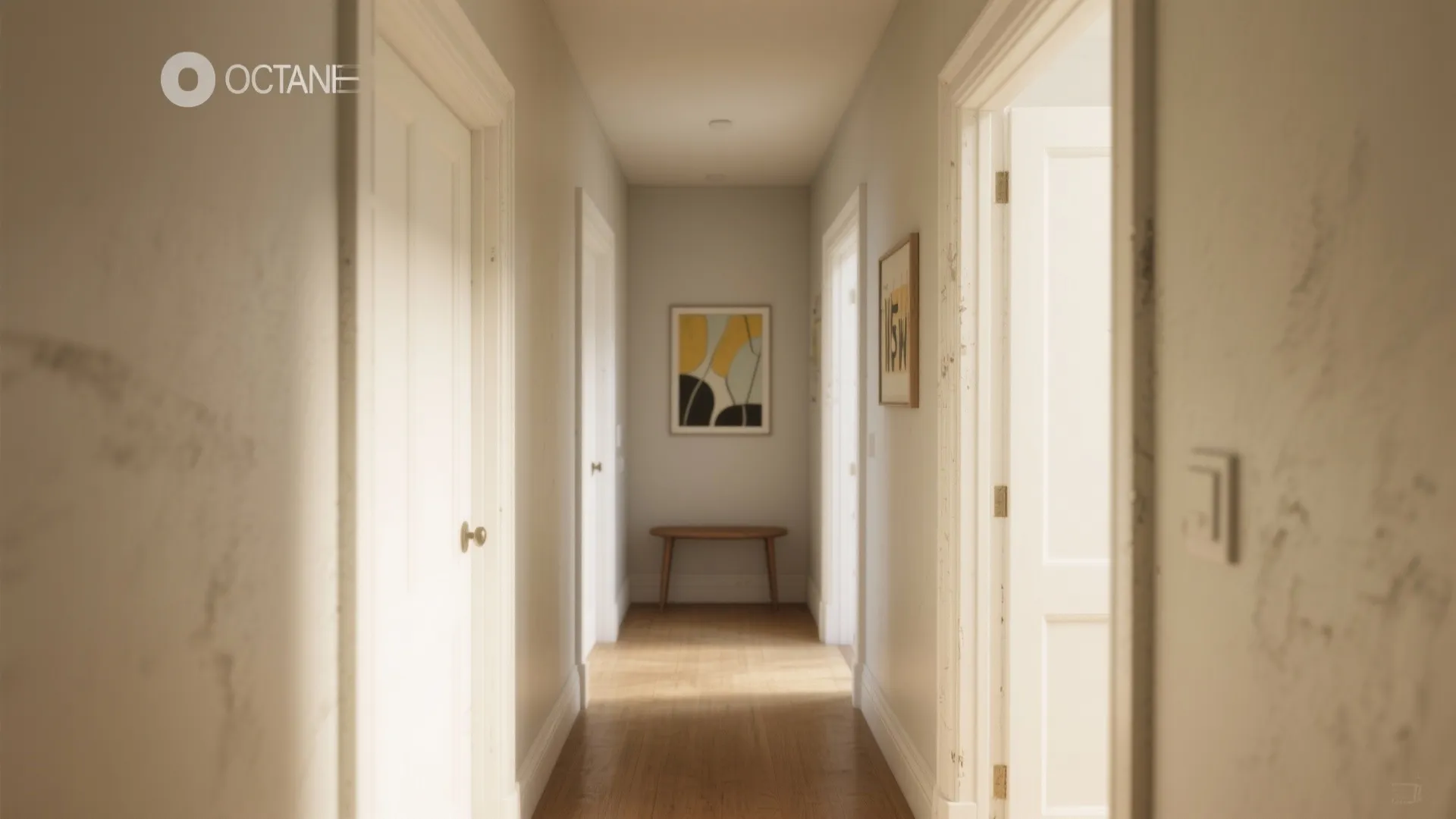 Bright narrow hallway with white doors wooden floor and framed art piece on the wall