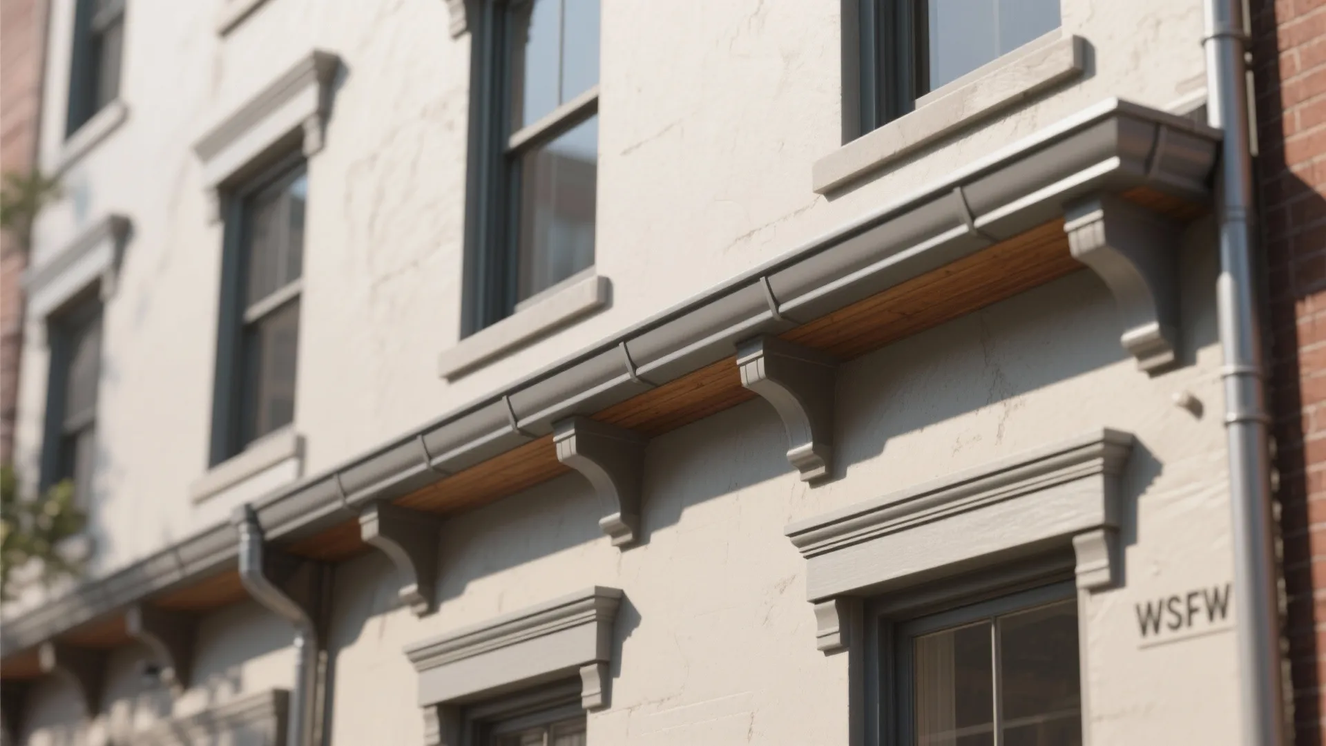 Close up of exterior building trim showing grey gutters and wooden details above house windows