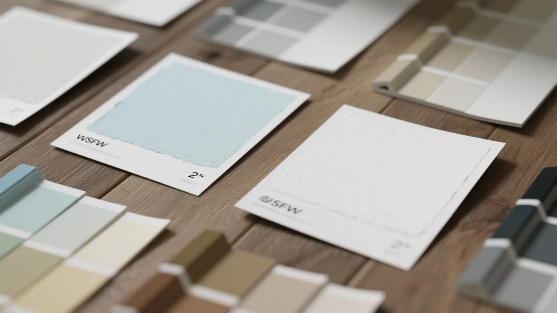 Paint color samples and swatches on a wooden table showing light blue and white paint