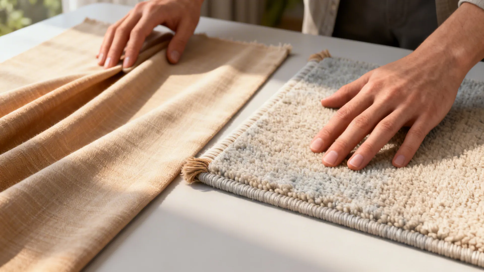 Close-up of curtain and rug swatches showing matching undertones under natural light.
