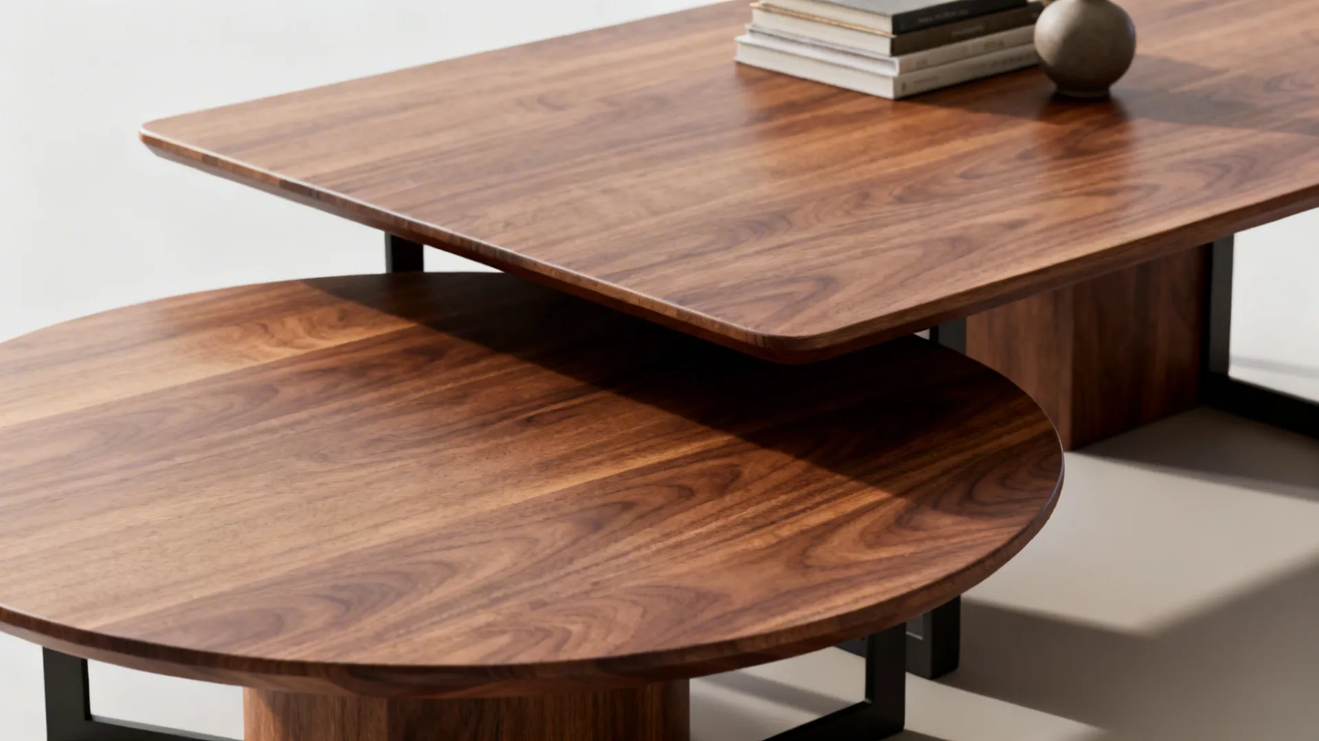 Close-up of matching walnut coffee table tops in round and rectangular shapes, showing wood grain and texture.