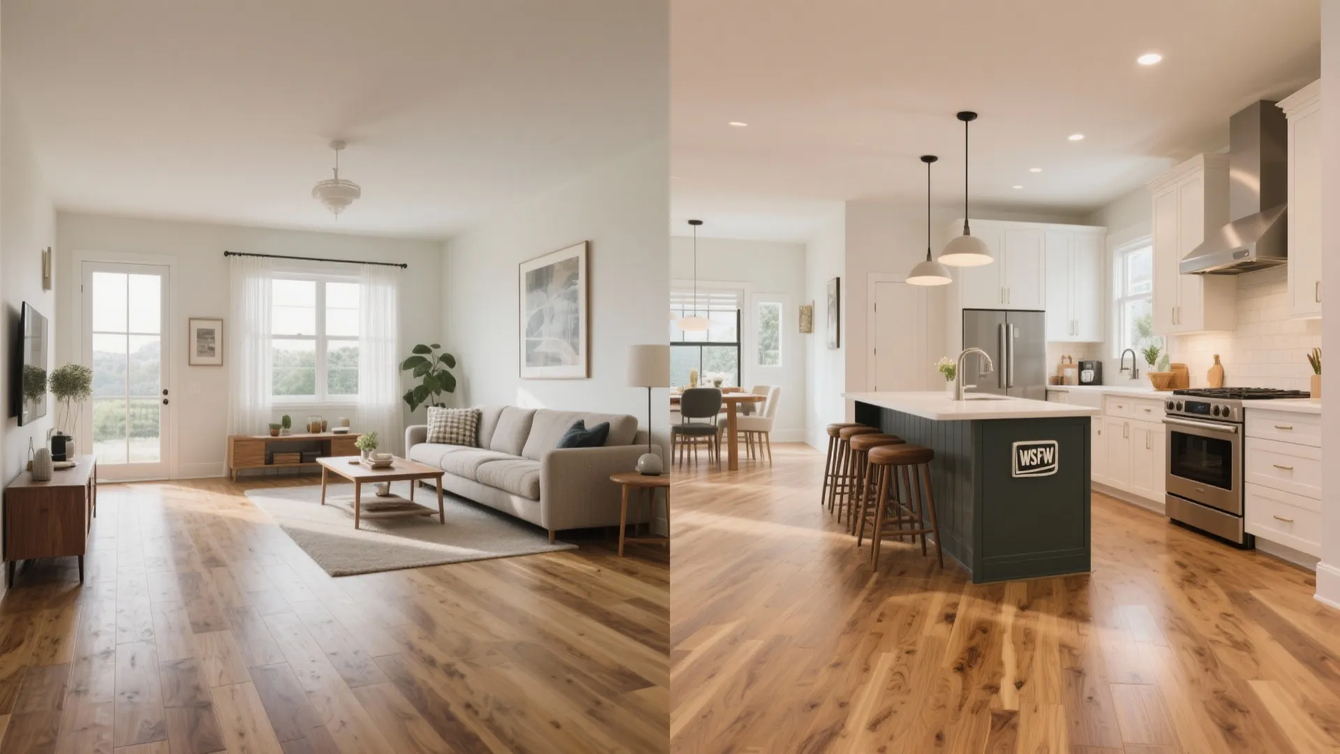 Comparison showing seamless oak flooring across living and kitchen