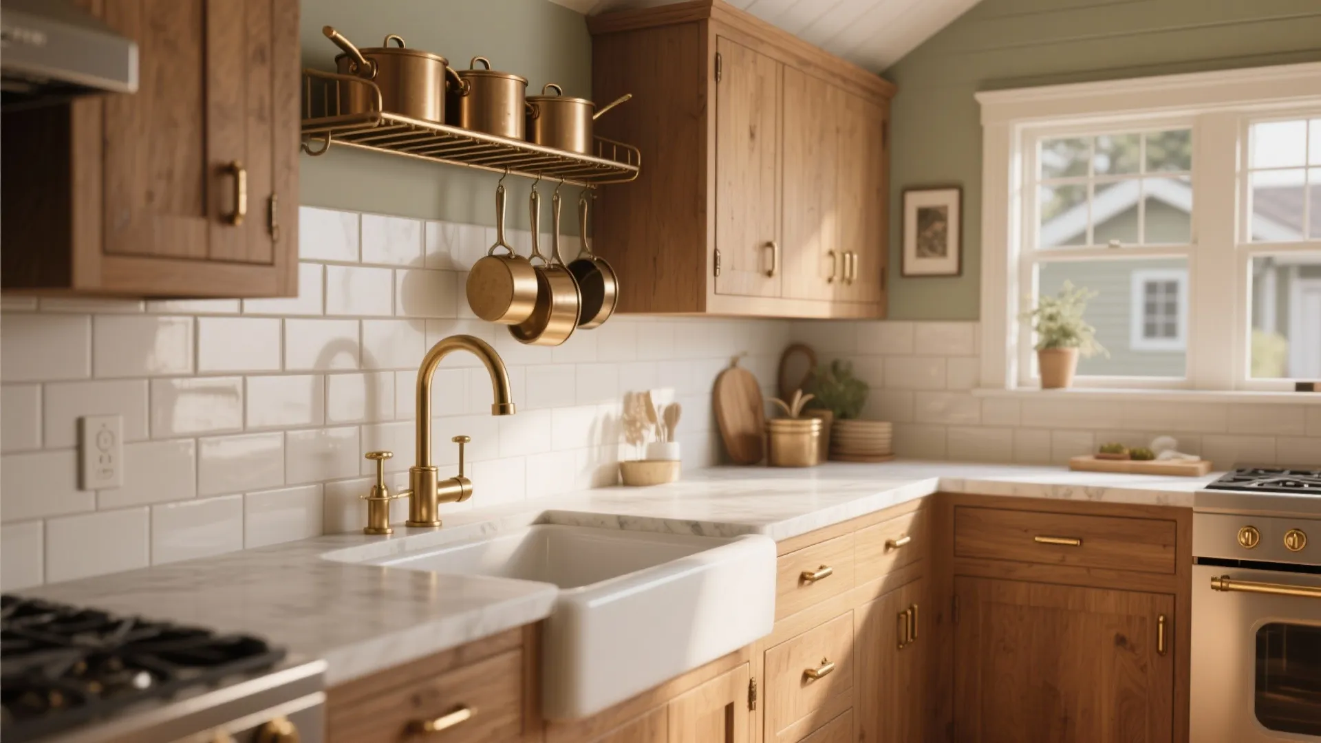 Small kitchen with matched brushed-brass faucet, cabinet pulls, and pot rack creating a unified look.