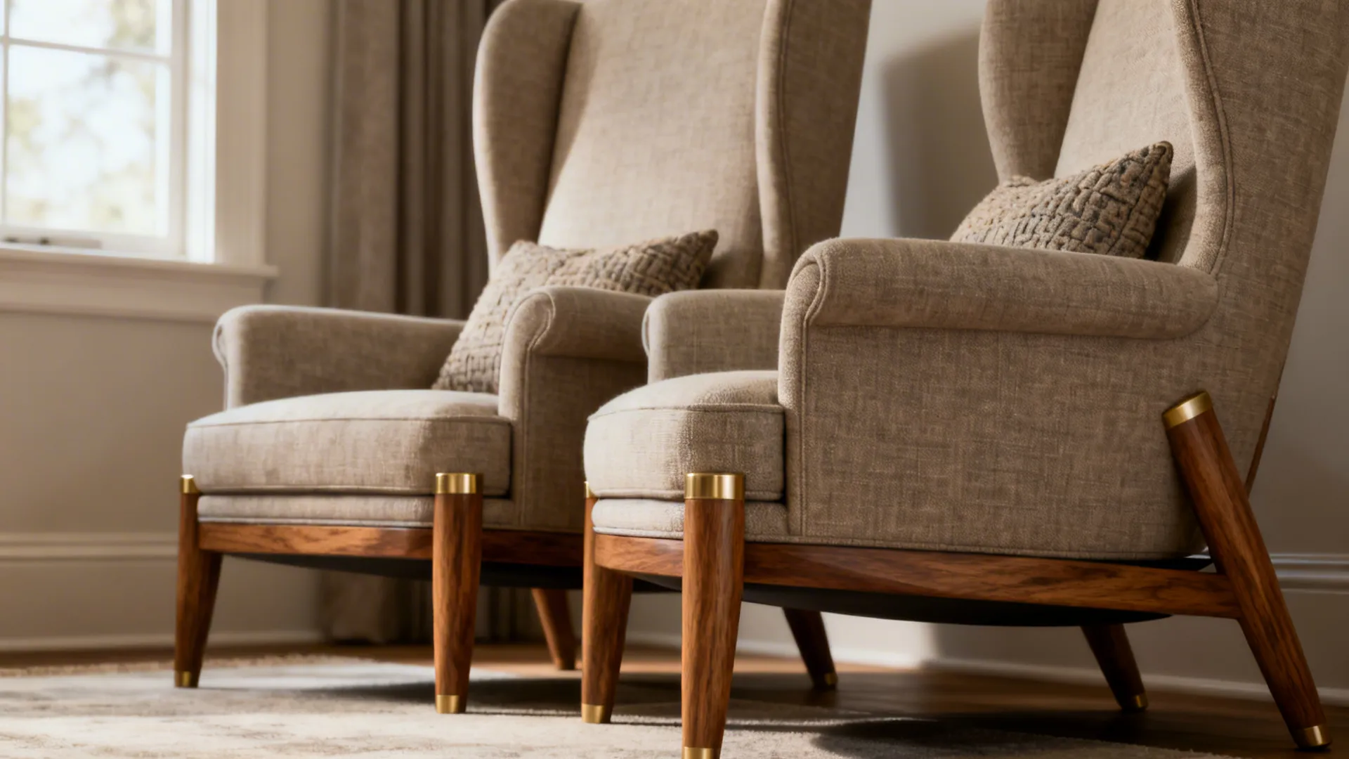 Two accent chairs with matching leg finish but different silhouettes in a cozy living area.